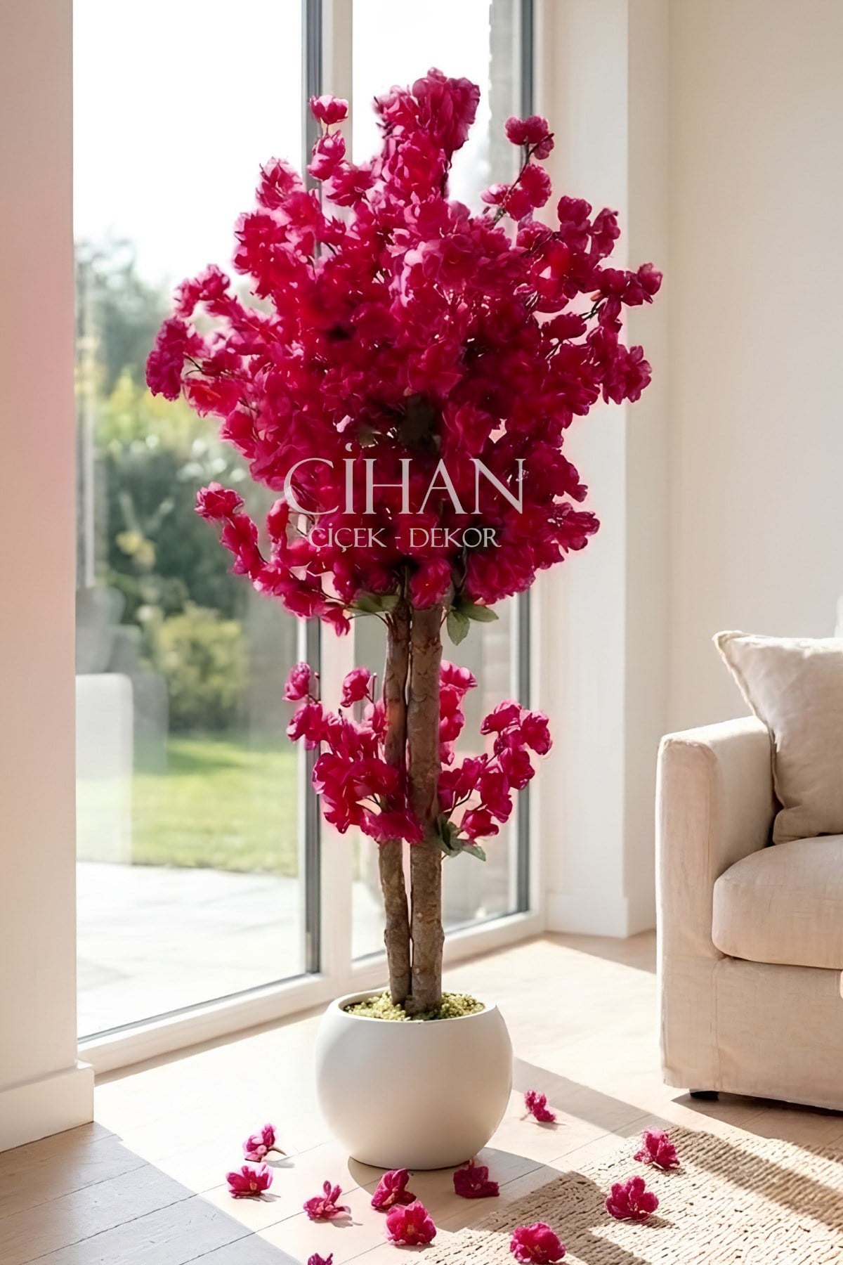 Yapay Mor Japon Bahar Dalı Ağacı 100 cm 27*33 Beyaz Küre Saksılı