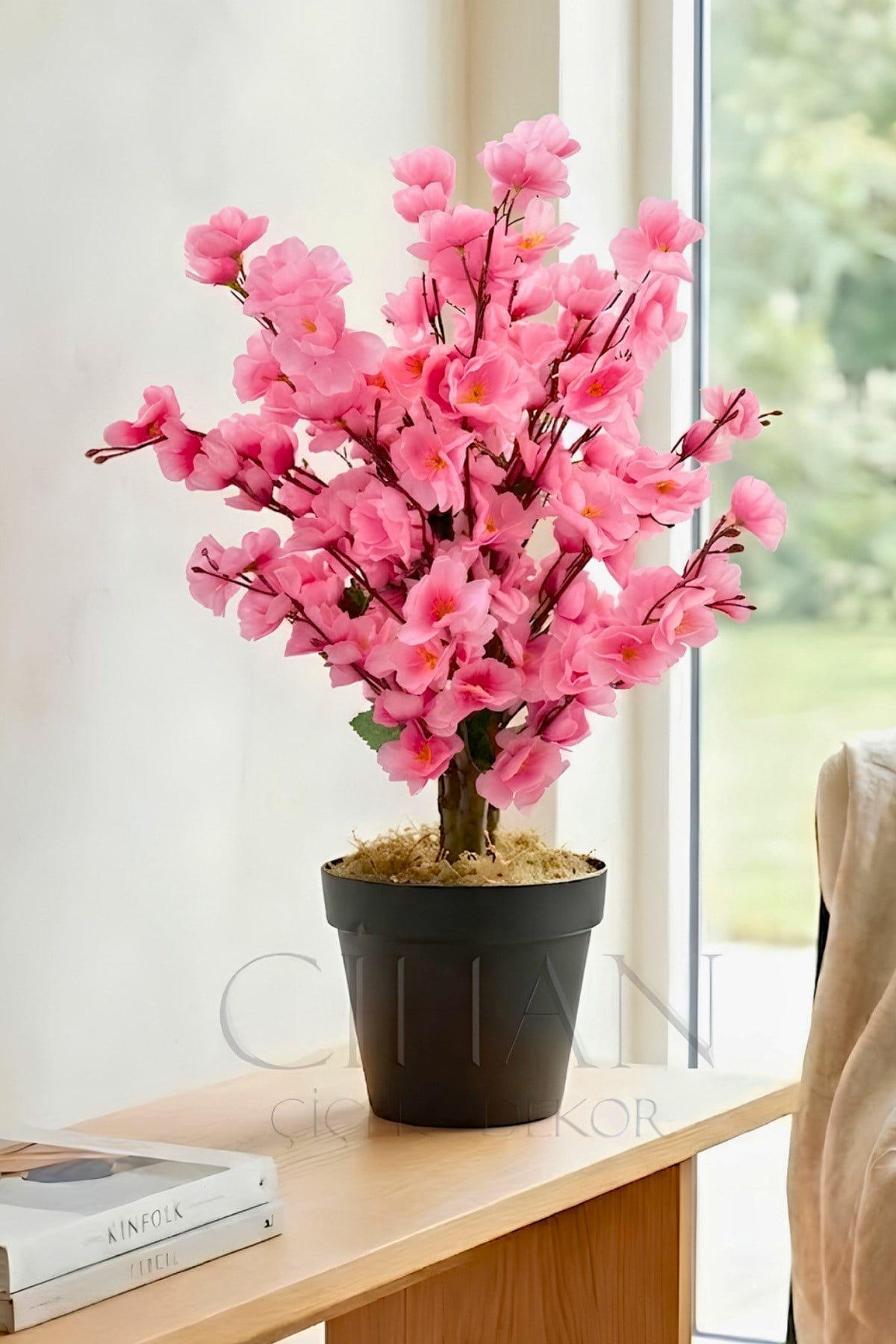 Yapay Pembe Bahar Dalı Ağacı Plastik Saksılı - 60 Cm