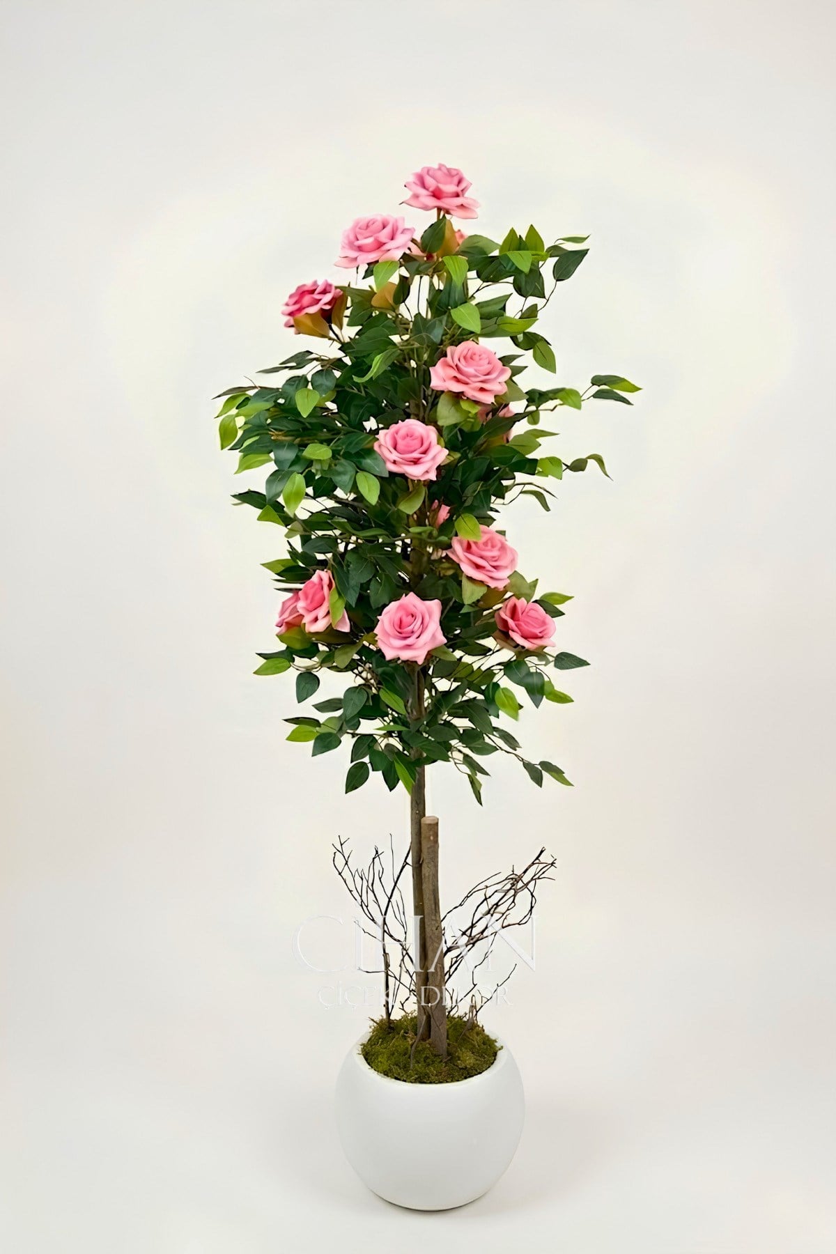 Yapay Pembe Gül Ağacı 150 cm 27x33 Beyaz Küre Saksılı