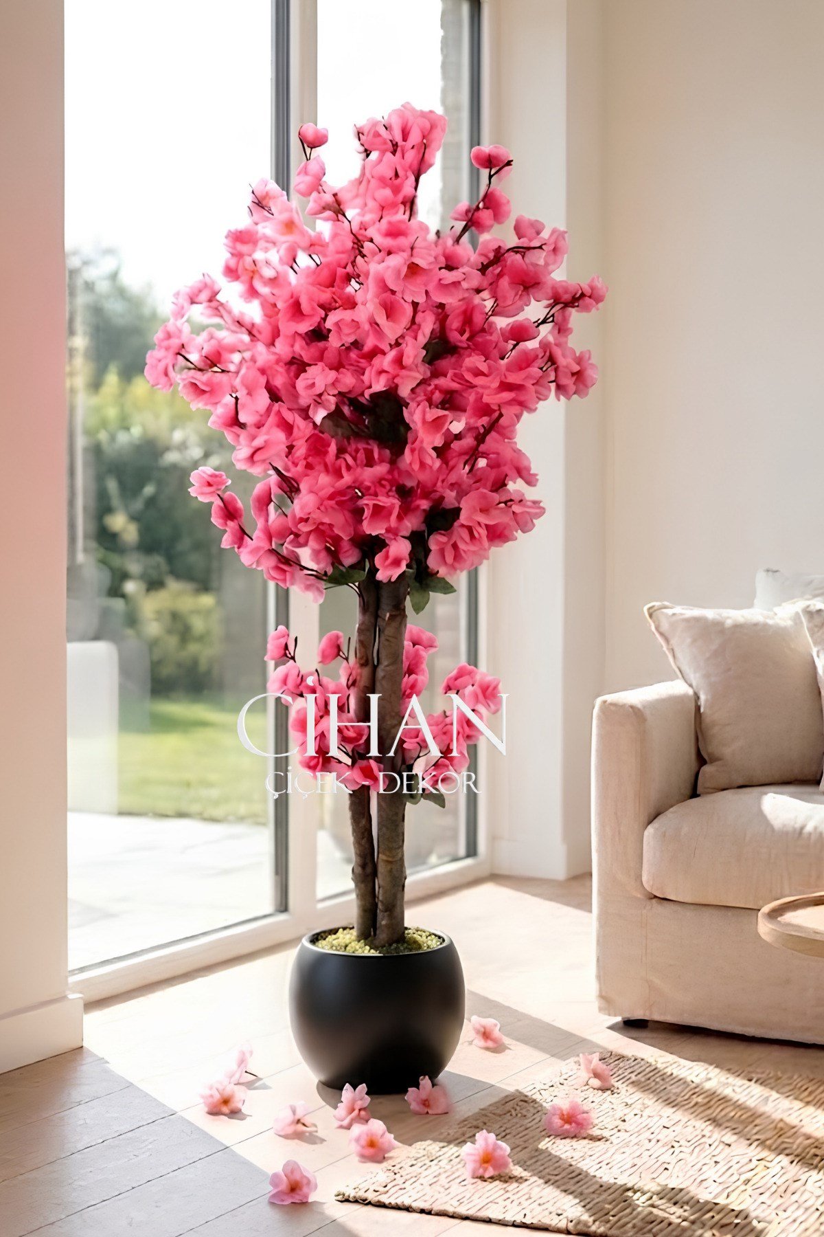 Yapay Pembe Japon Bahar Dalı Ağacı 100 cm Siyah 27*33 Küre Saksılı
