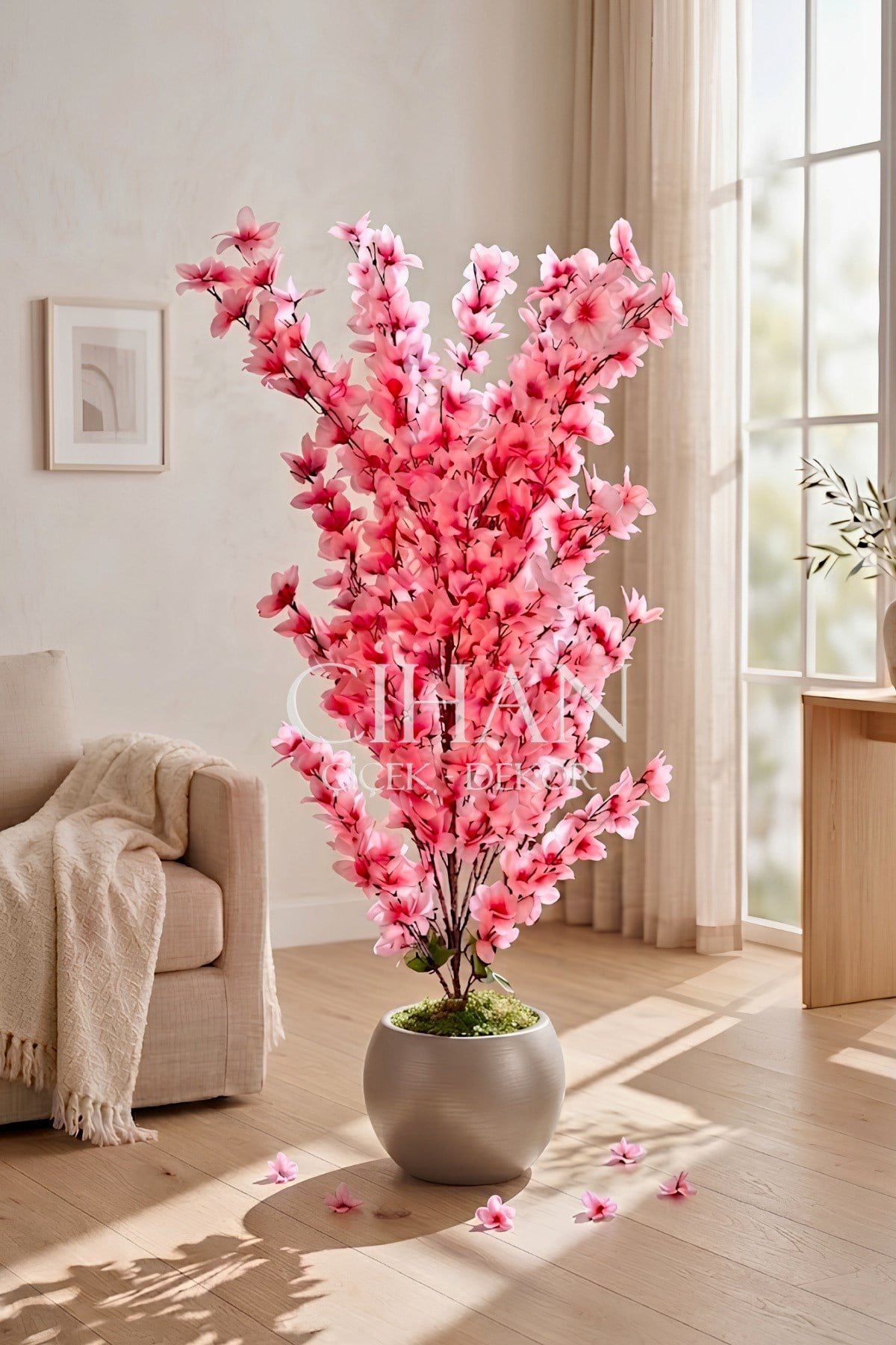 Yapay Pembe Sakura Kiraz Çiçeği Ağacı 120 cm - Küre Plastik Saksılı 27x33 cm Saksı