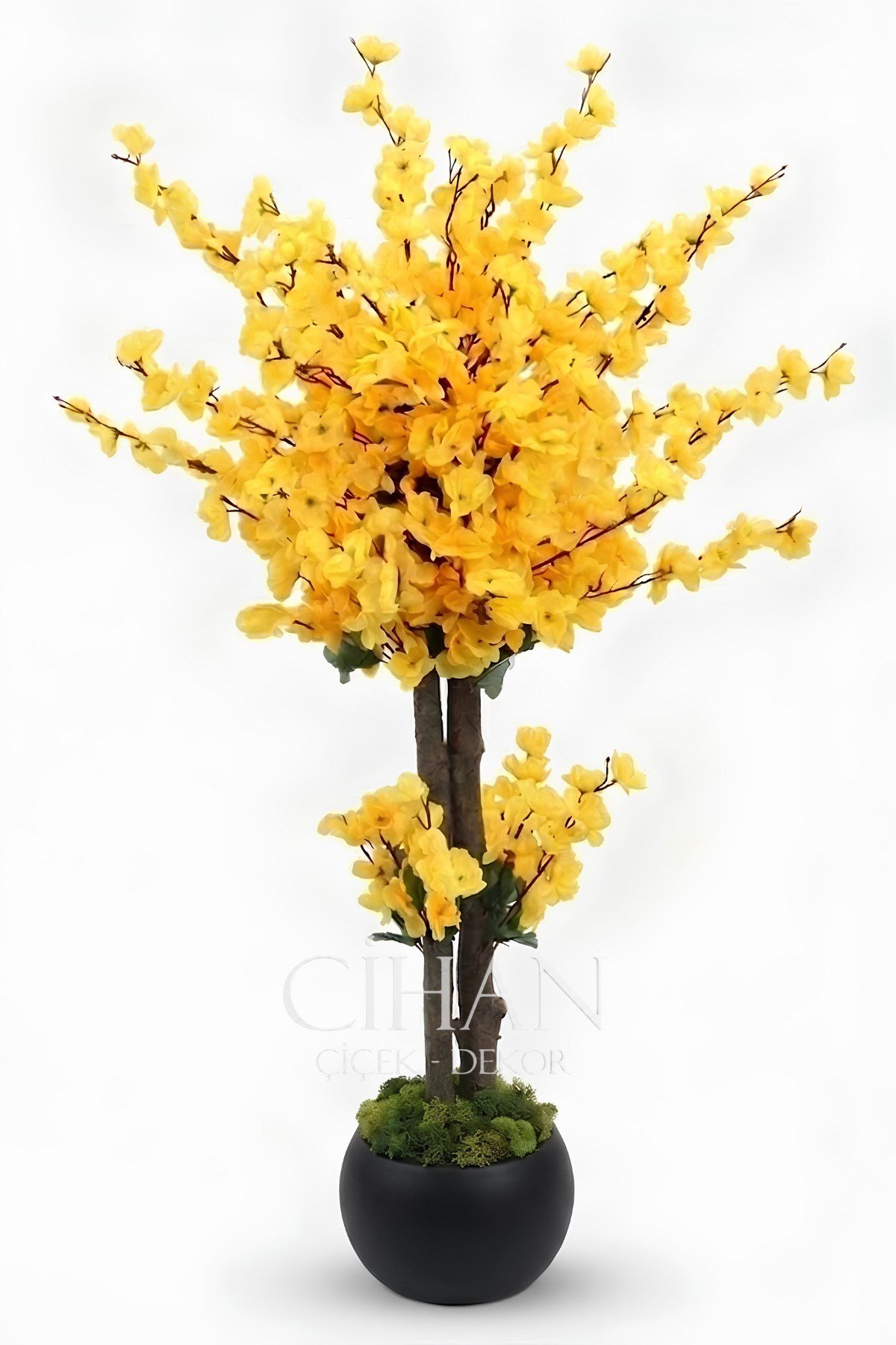 Yapay Sarı Japon Bahar Dalı Ağacı 100 cm 27*33 Siyah Küre Saksılı