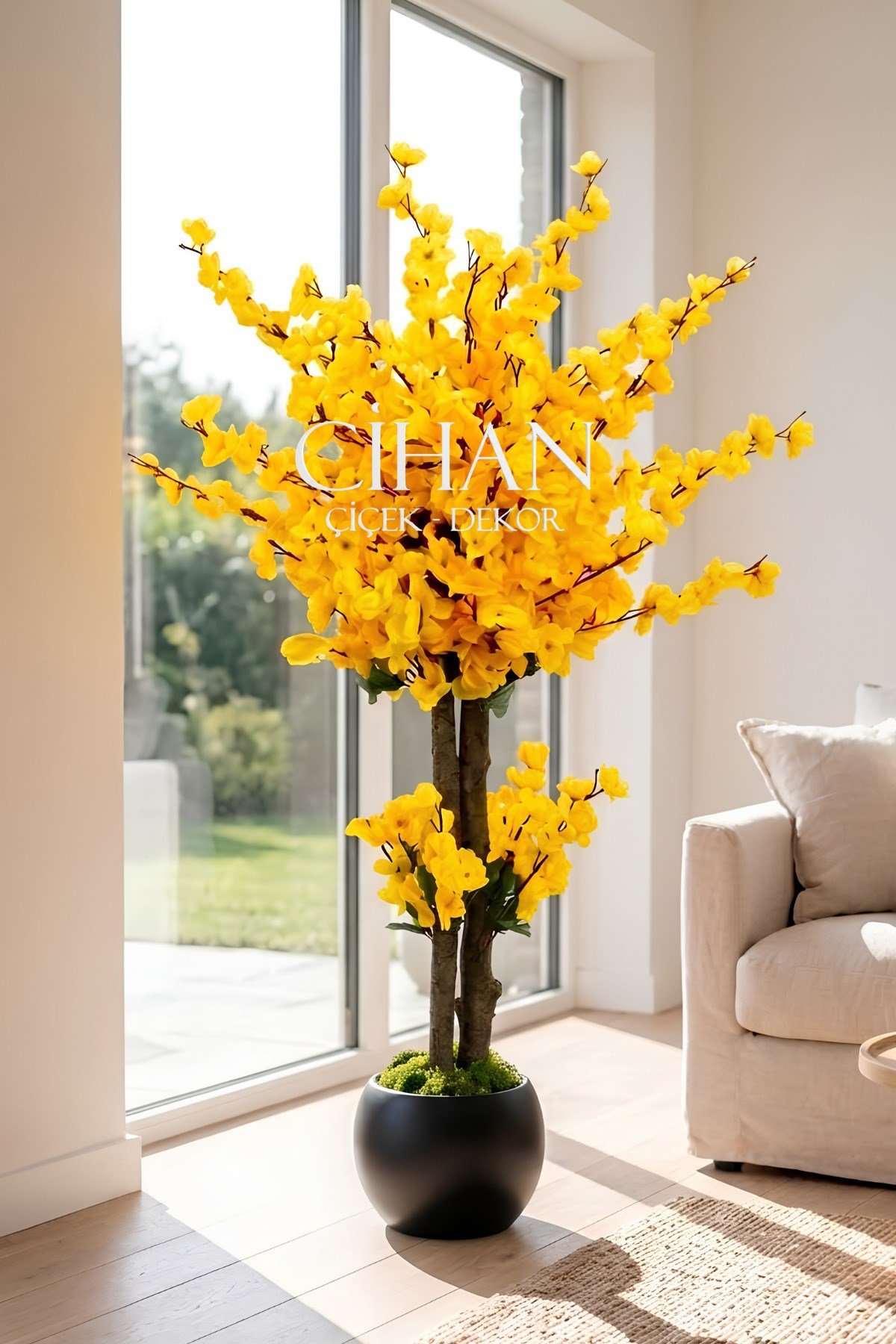 Yapay Sarı Japon Bahar Dalı Ağacı 100 cm 27*33 Siyah Küre Saksılı