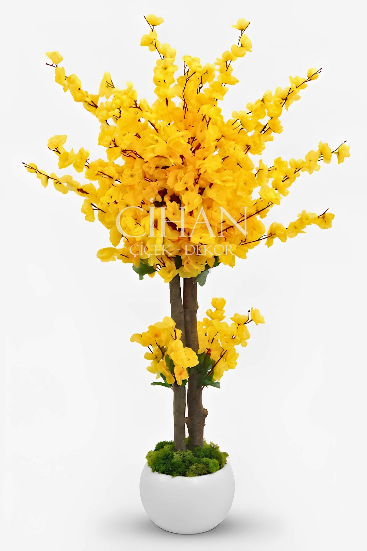 Yapay Sarı Japon Bahar Dalı Ağacı 100 cm 27*33 Beyaz Küre Saksılı