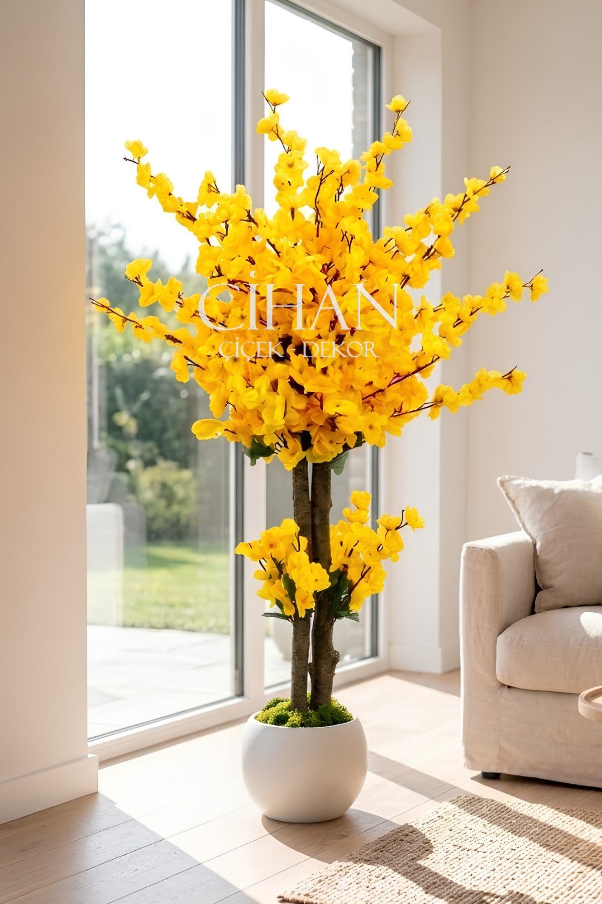 Yapay Sarı Japon Bahar Dalı Ağacı 100 cm 27*33 Beyaz Küre Saksılı