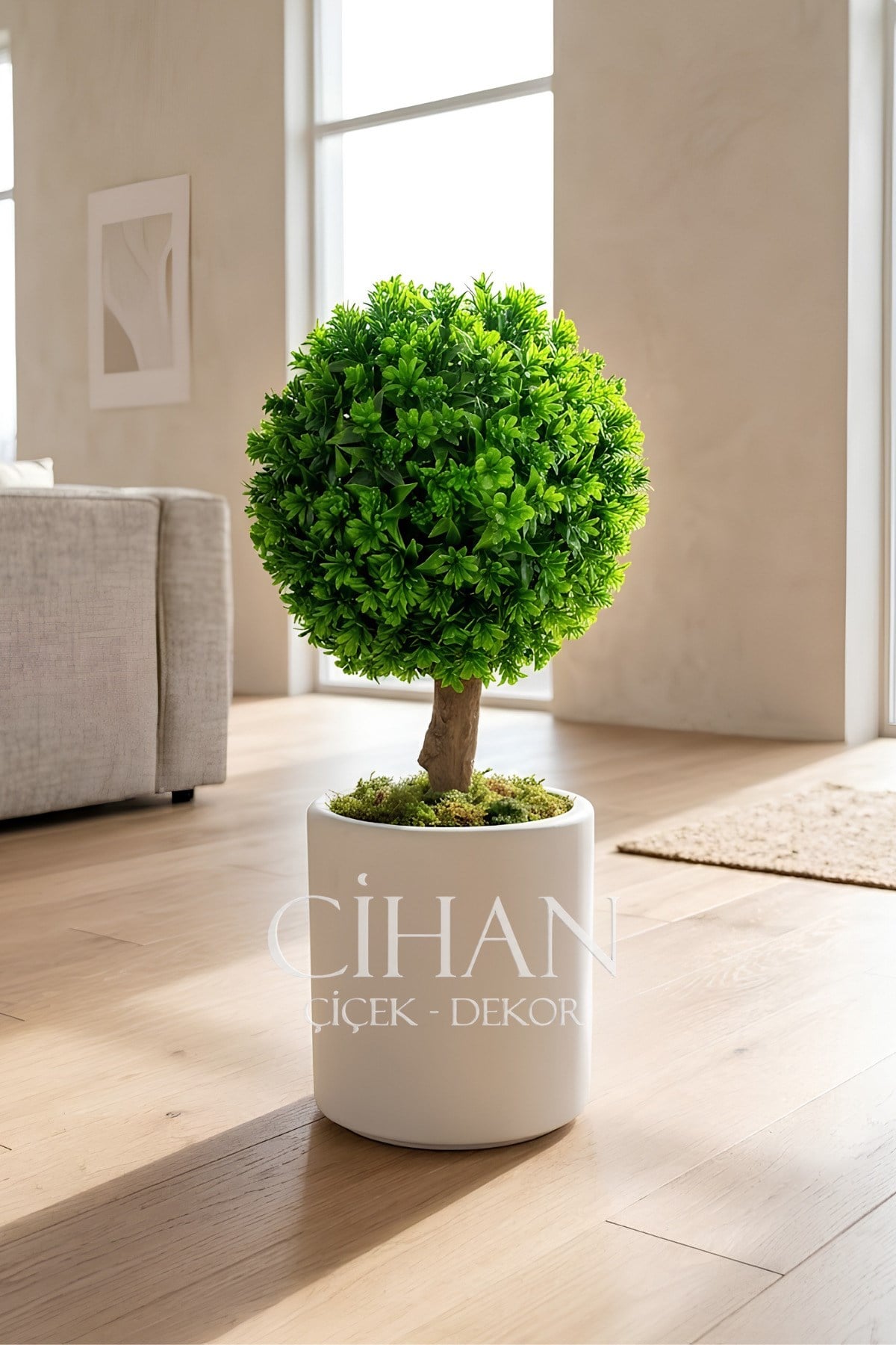 Yapay Top Şimşir Ağacı 70 cm (UV Dayanıklı) - Beyaz 32X30 Silindir Saksı Şimşir Çapı 35 cm