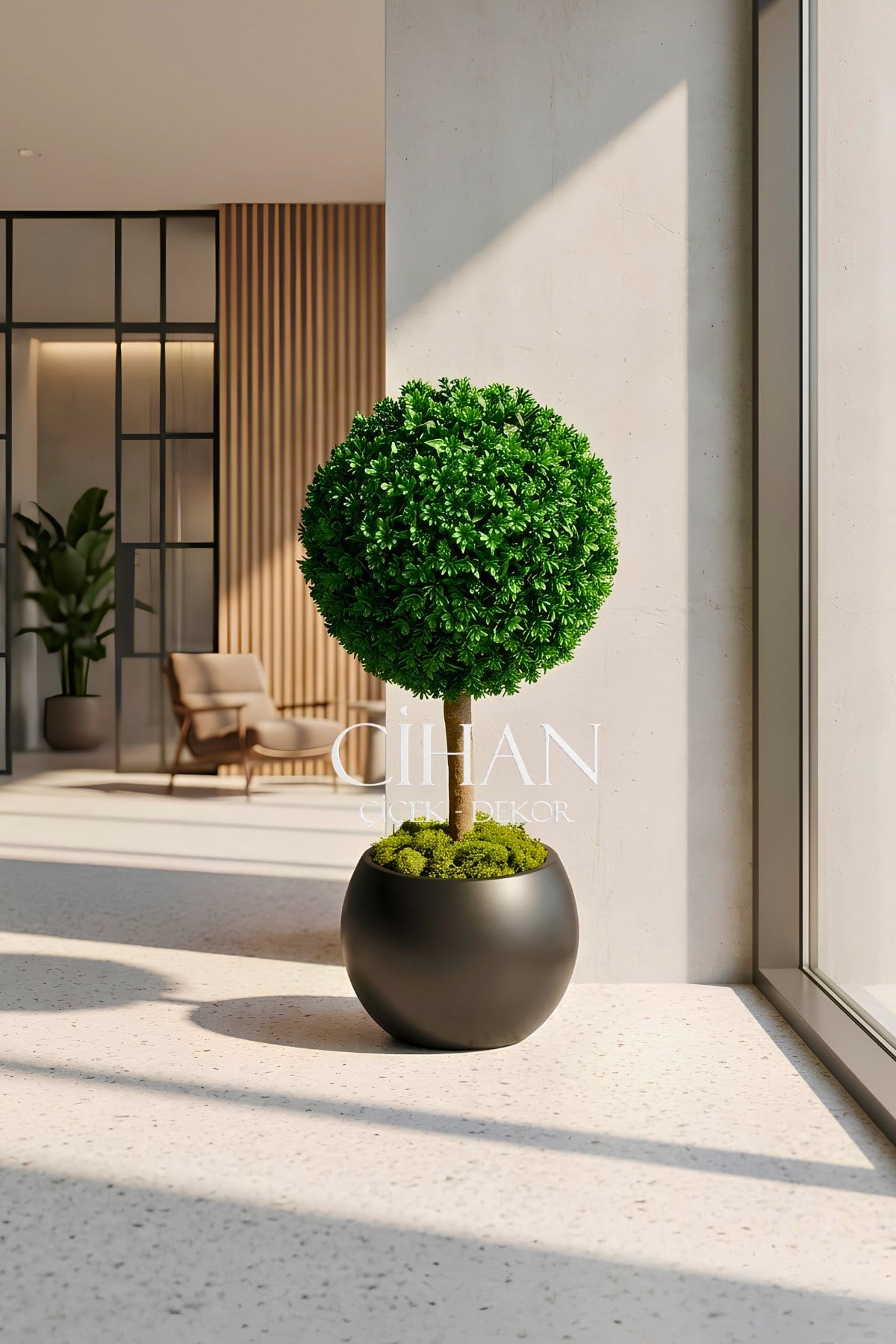 Yapay UV Dayanımlı Şimşir Top Ağacı 100 cm (45 cm Çap) 27x33 cm Küre Saksılı