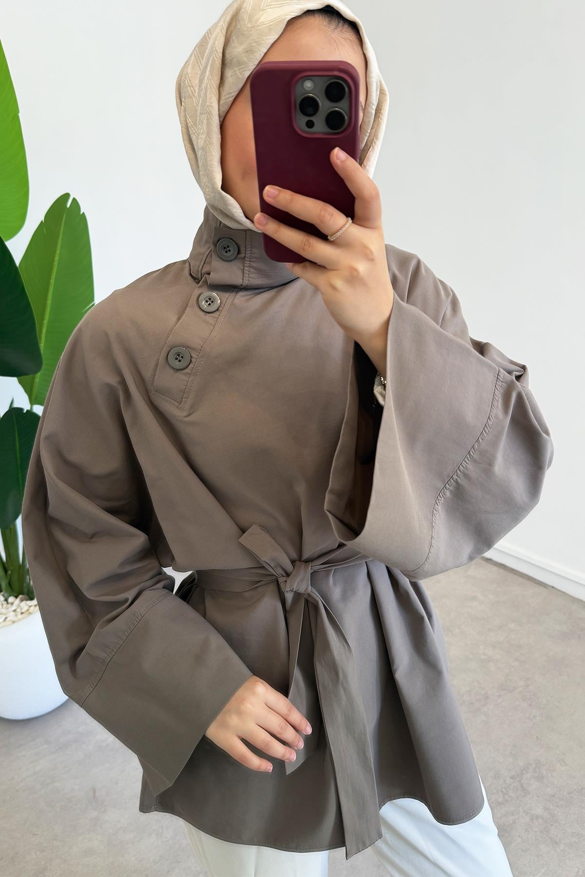 Yaka Düğmeli Tunik - Vizon