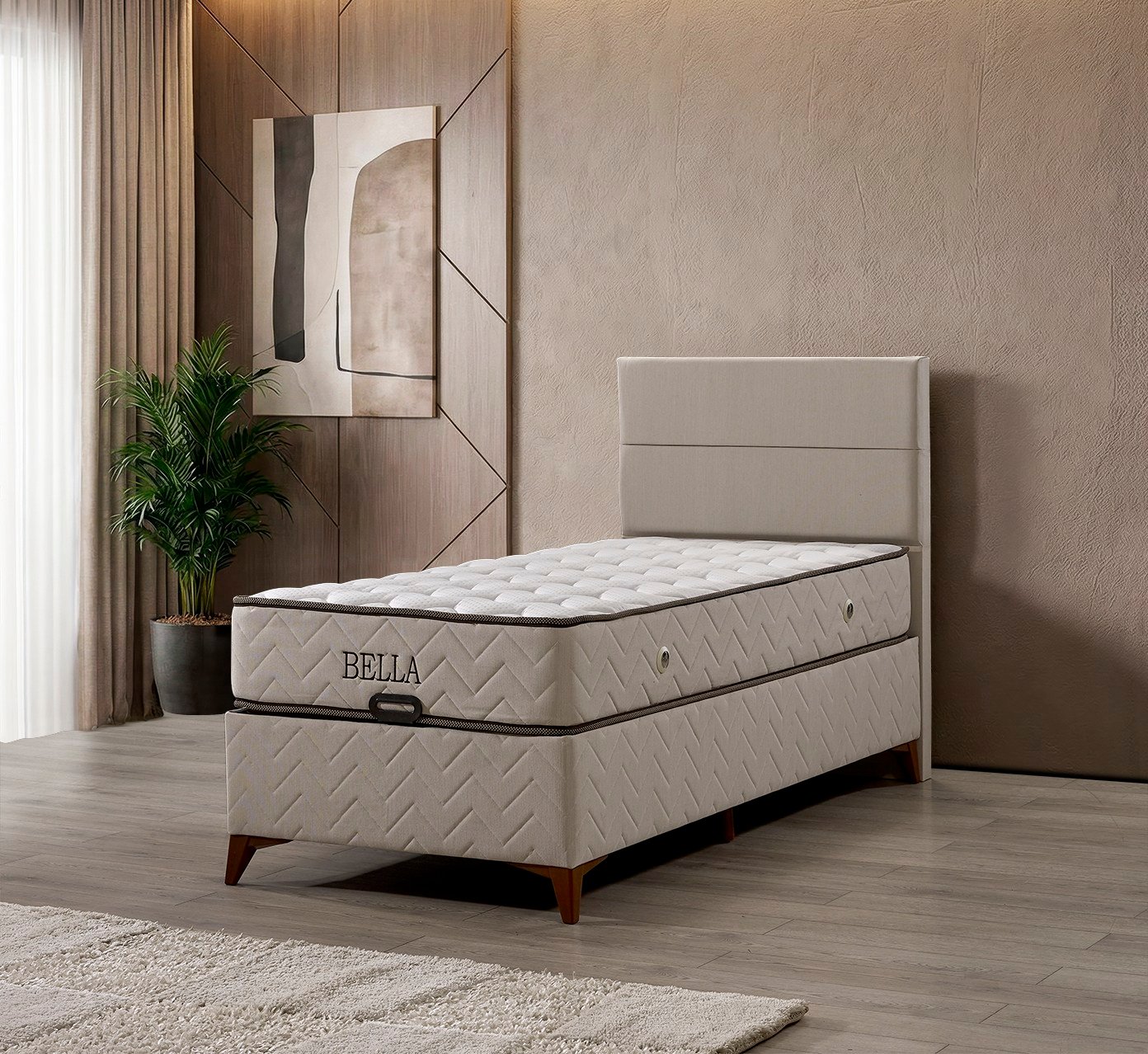 Bella Çift Kişilik Sandıklı Baza Başlık Seti – Kahverengi Keten Kumaş, Modern Dayanıklı