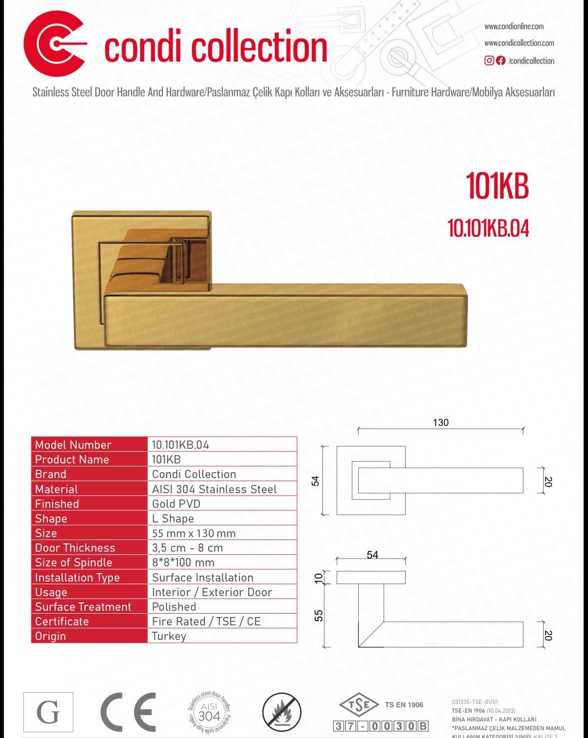 101KB Paslanmaz Çelik Kapı Kolu