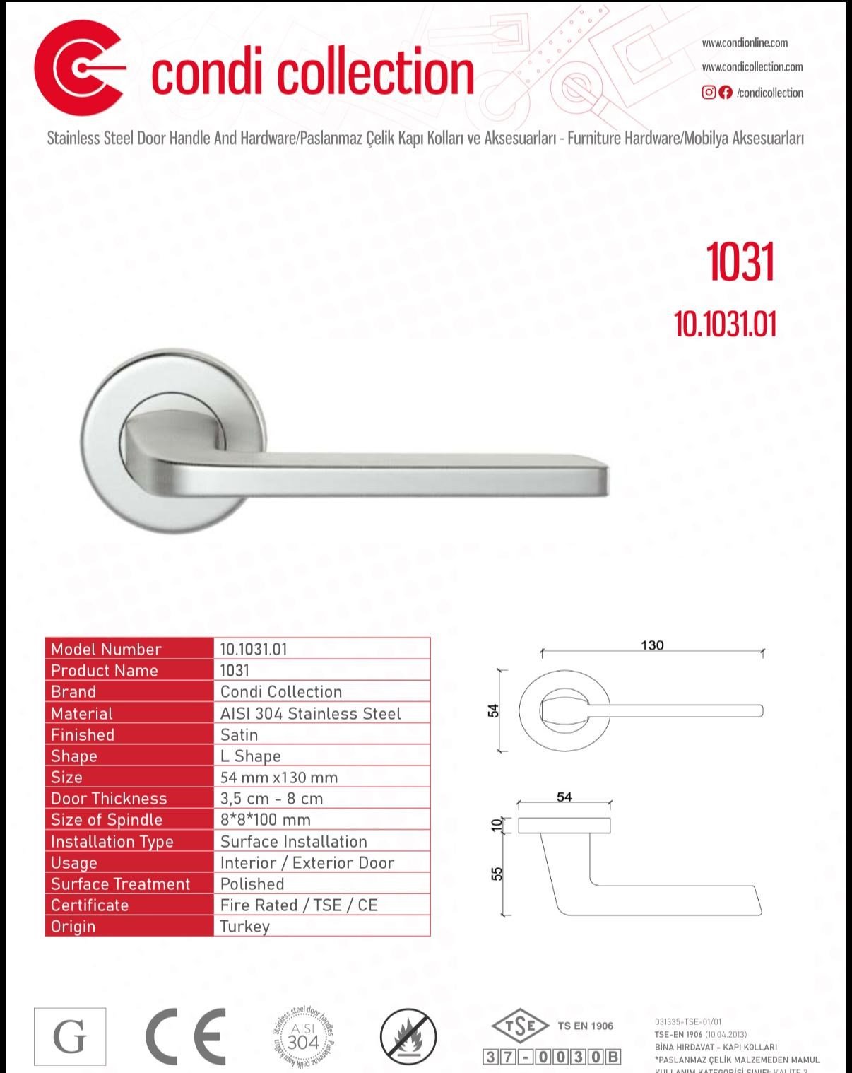 1031 Paslanmaz Çelik Kapı Kolu