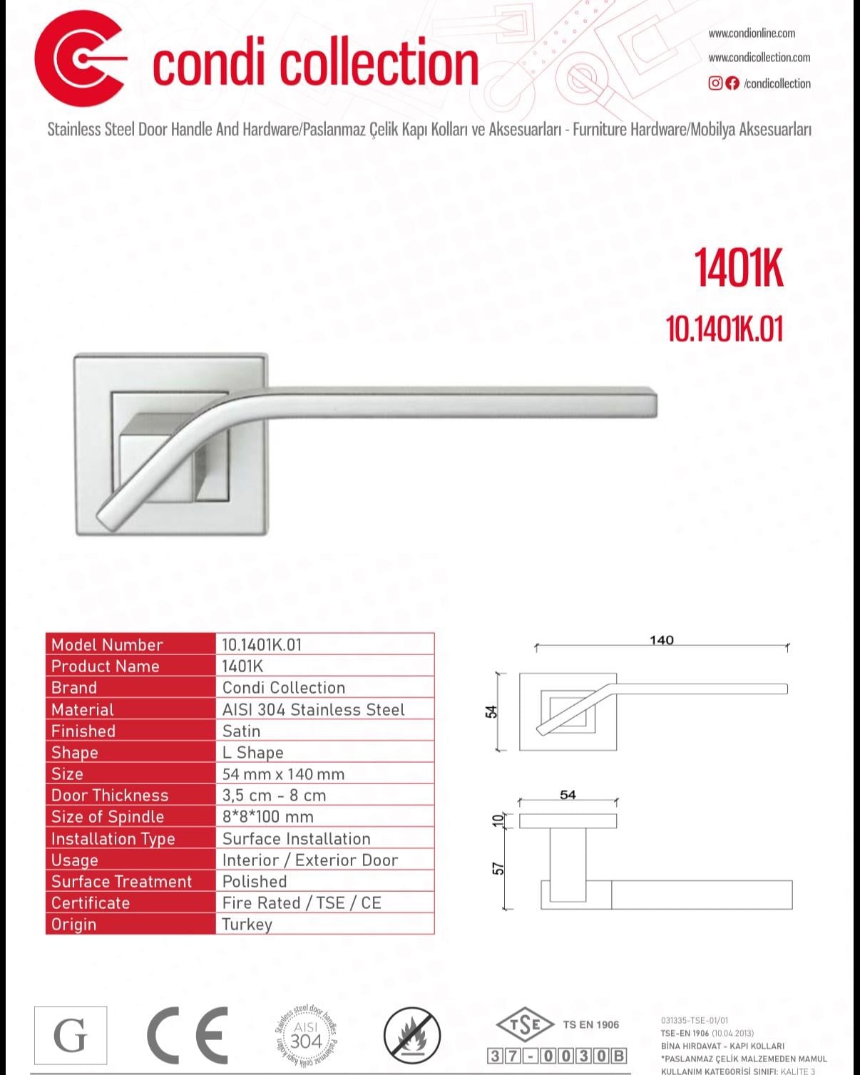 1401K Paslanmaz Çelik Kapı Kolu