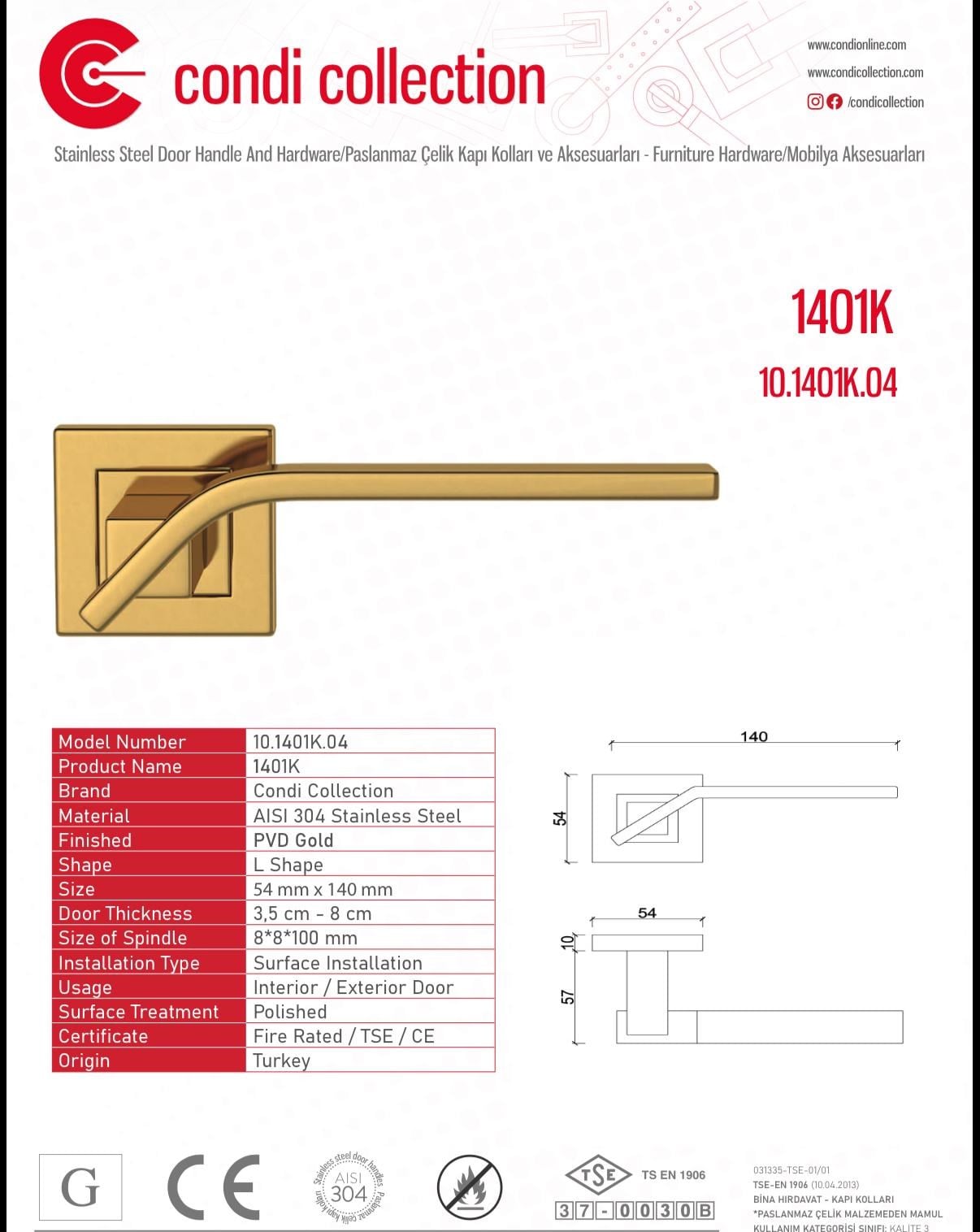 1401K Paslanmaz Çelik Kapı Kolu