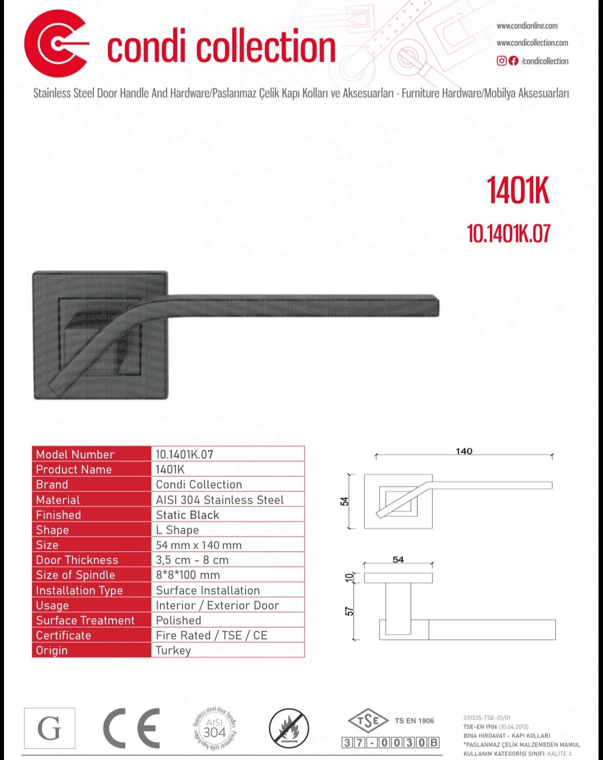 1401K Paslanmaz Çelik Kapı Kolu