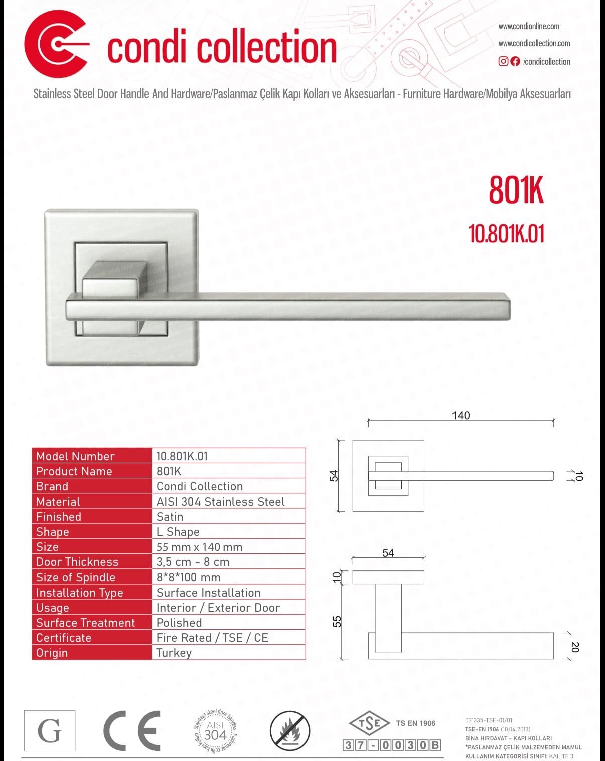 803K Paslanmaz Çelik Kapı Kolu