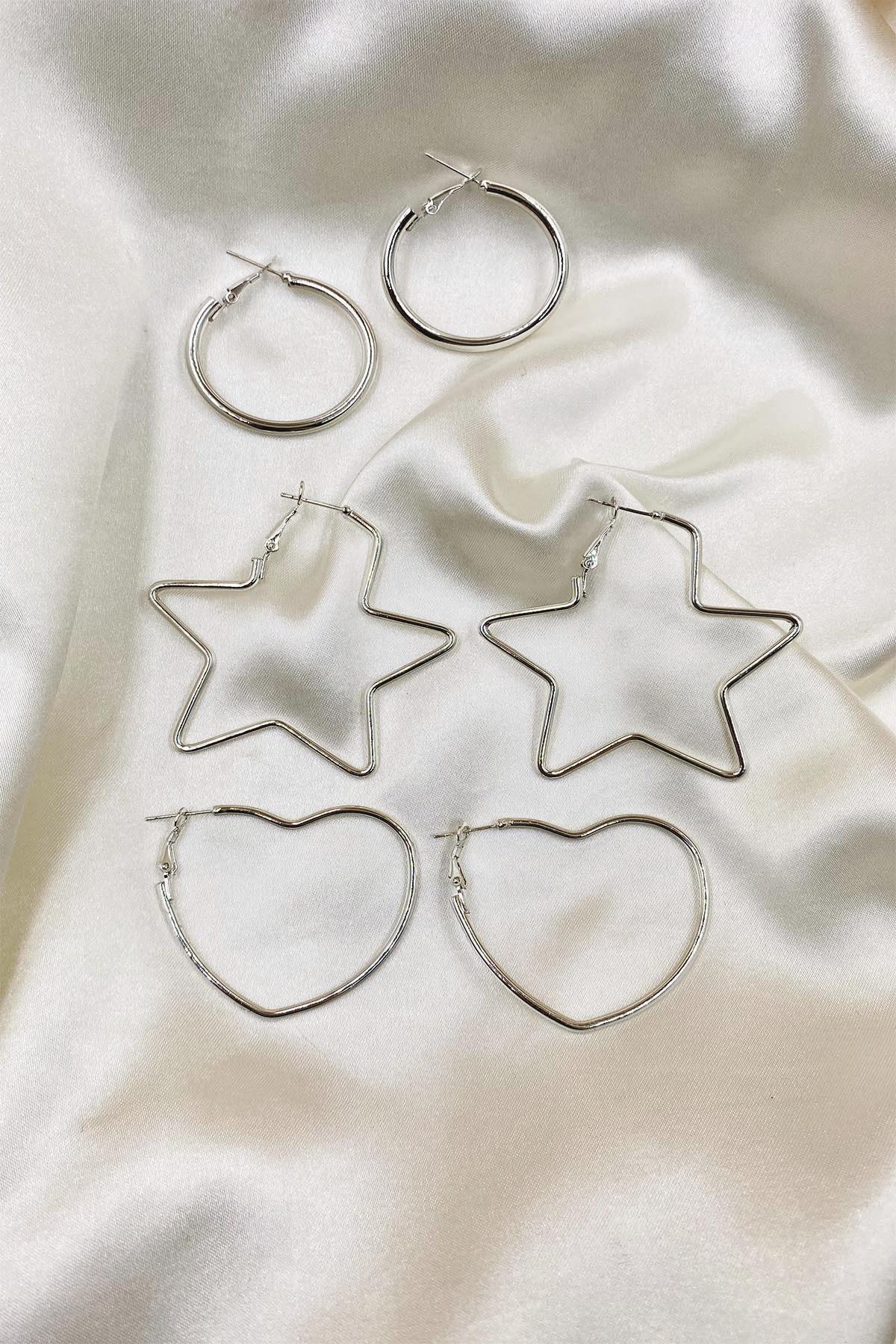 Gümüş Renk 3'lü Halka Küpe Set- (Yıldız-Kalp-Yuvarlak)