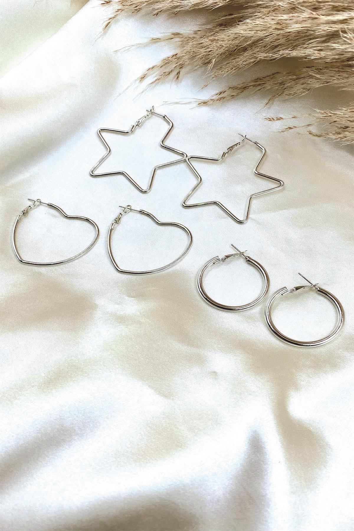 Gümüş Renk 3'lü Halka Küpe Set- (Yıldız-Kalp-Yuvarlak)