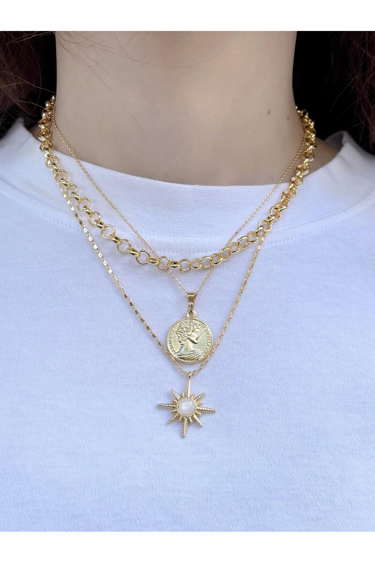 Kadın Gold Renk 3 Adet Pinterest Kolye