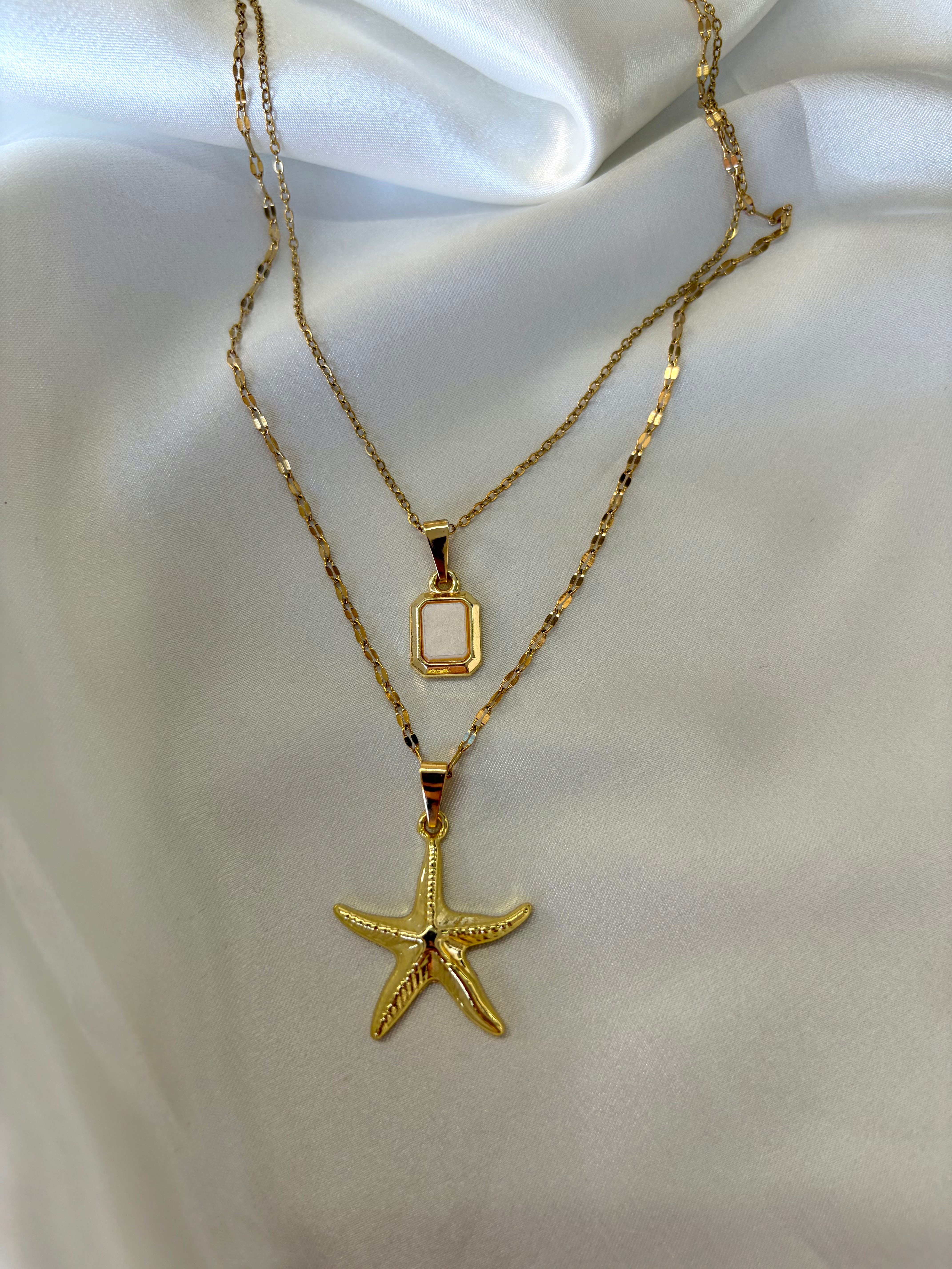 Kadın Gold Renk Deniz Yıldızı ve Sedefli Figür 2'li Çelik Kolye