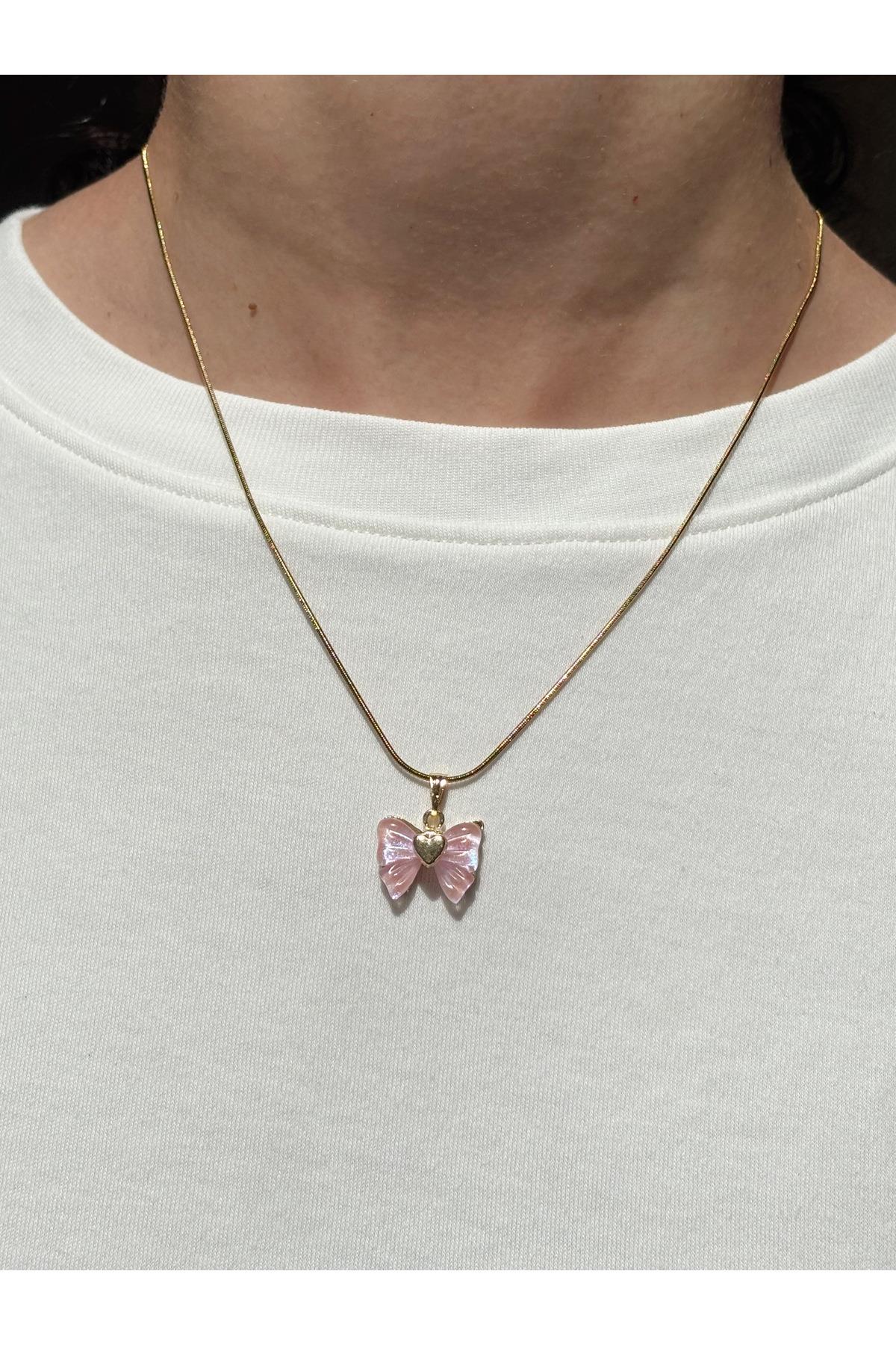 Kadın Gold Renk Pembe Renk Fiyonk Kolye