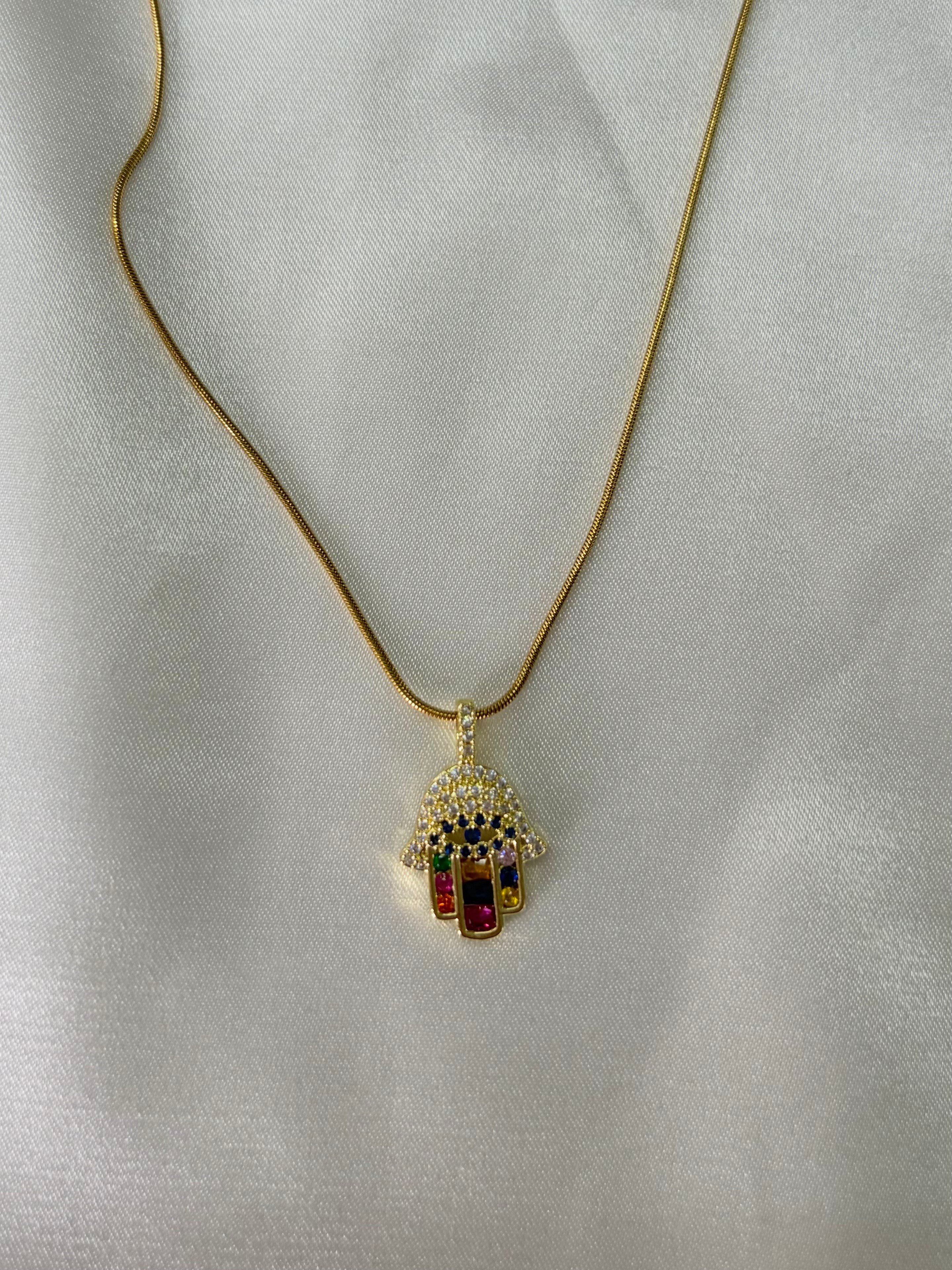 Kadın Gold Renk Taşlı Renkli Hamsa Çelik Kolye