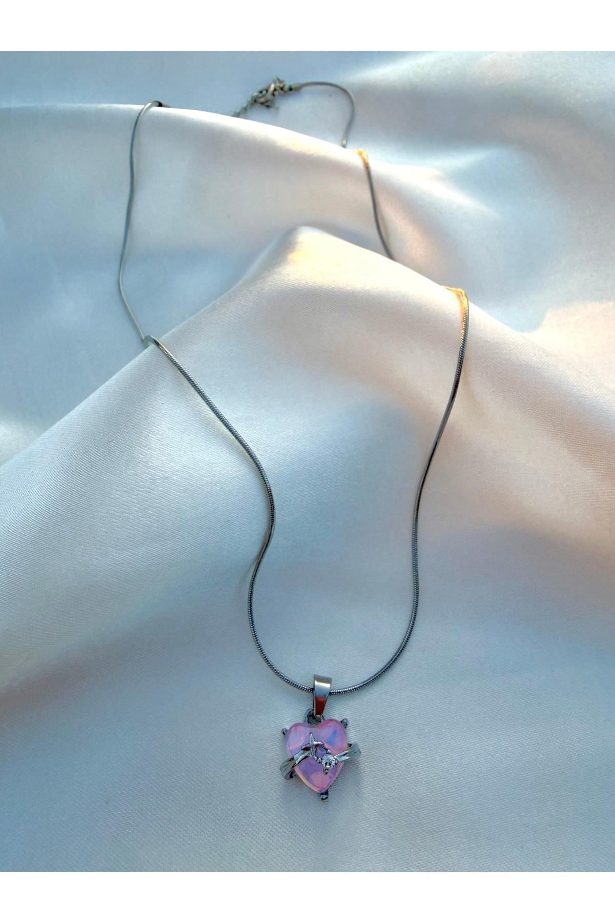 Romantik Pembe Kalp Gümüş Model Çelik Kolye