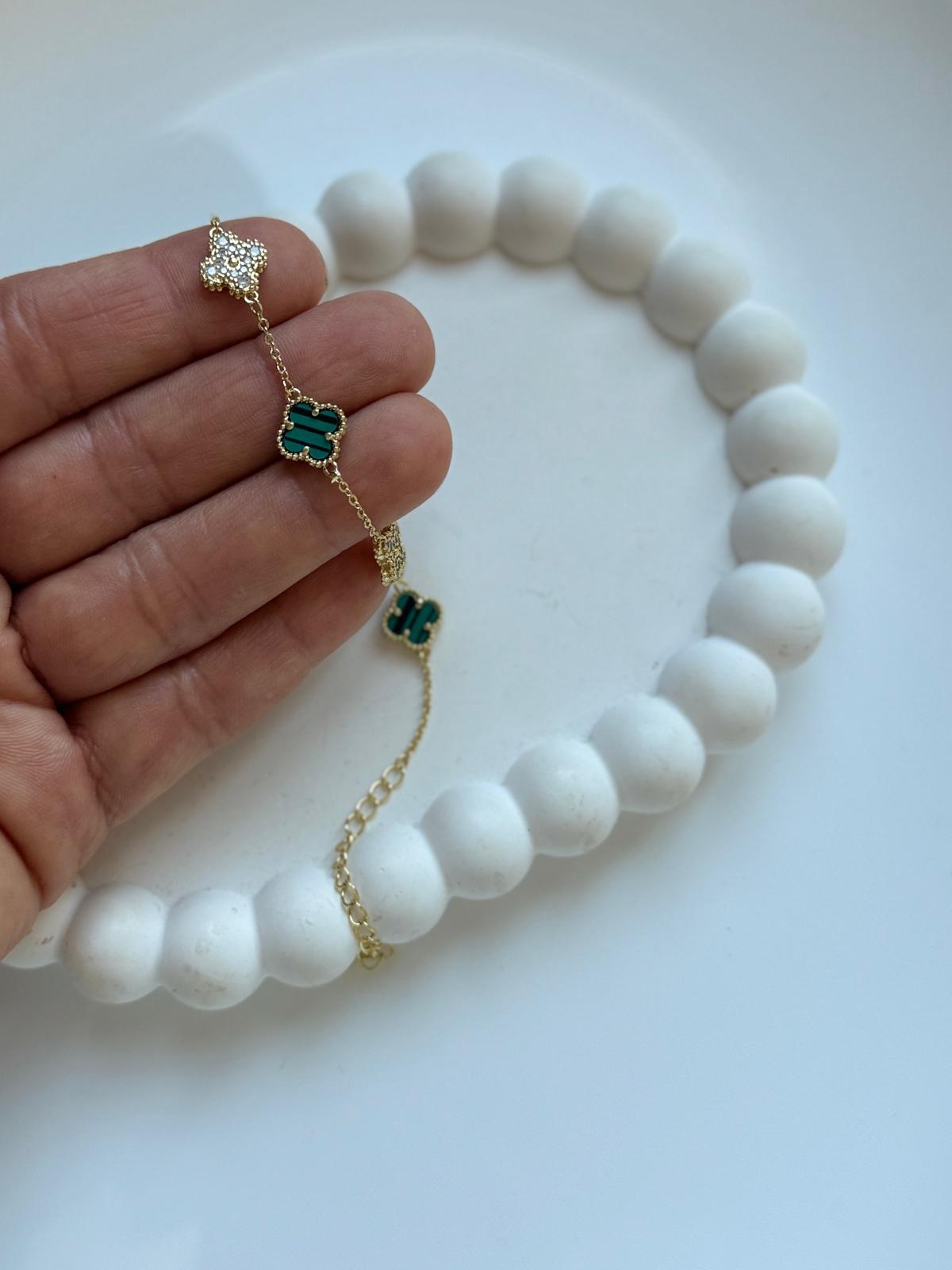 Çelik 14k Minimal Yeşil Siyah Çizgili  Yonca Bileklik