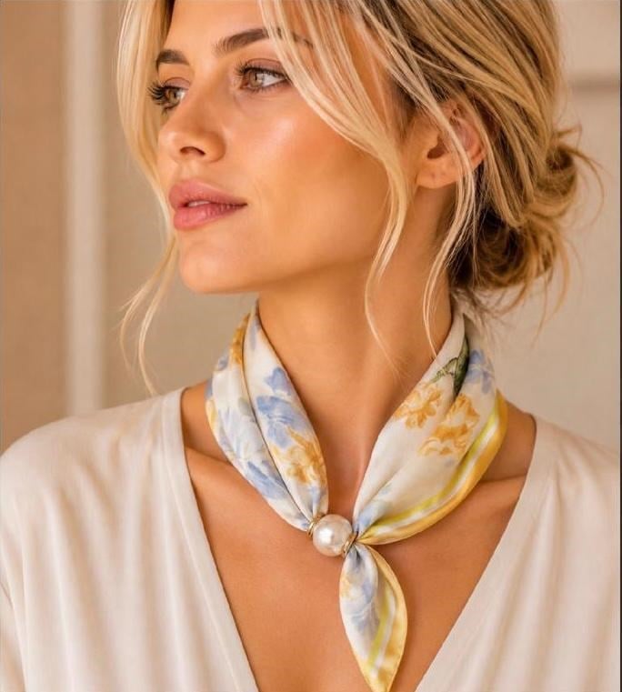İncili Floral Desenli Fular
