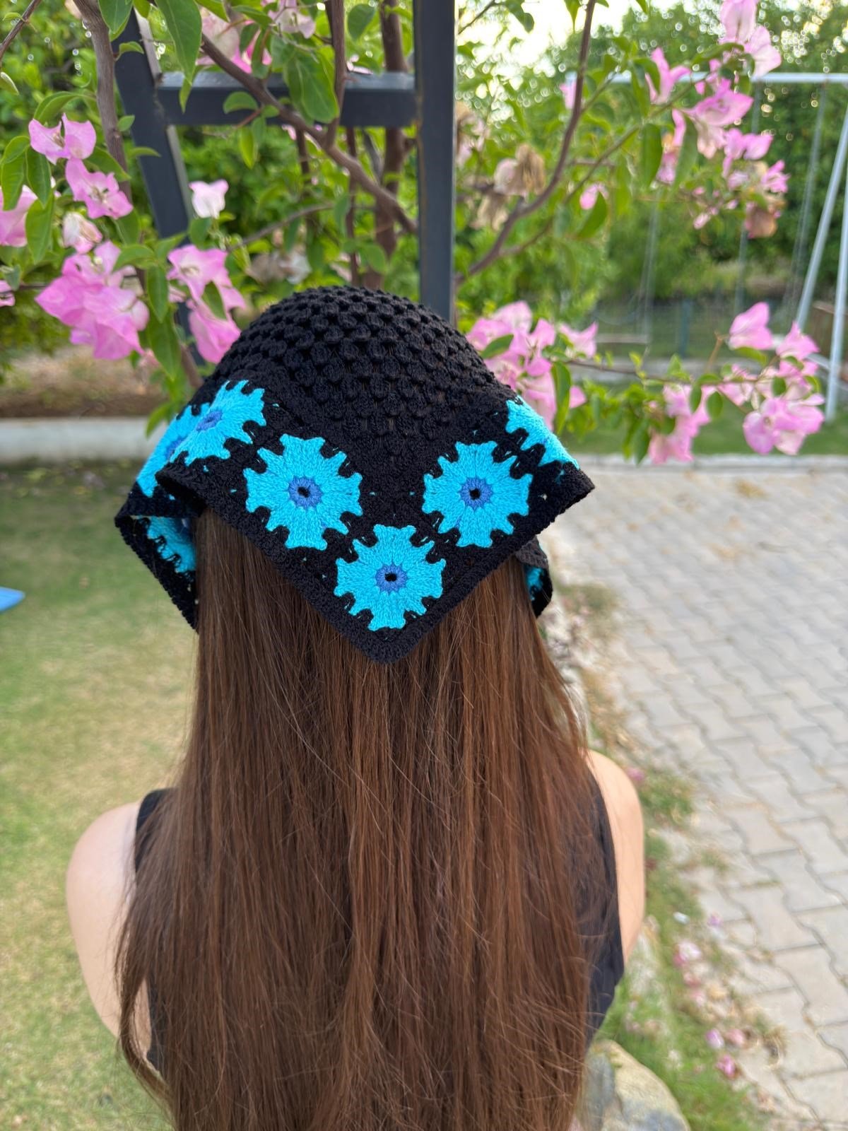 Mavi  Motifli Siyah  Üçgen İpli Bandana