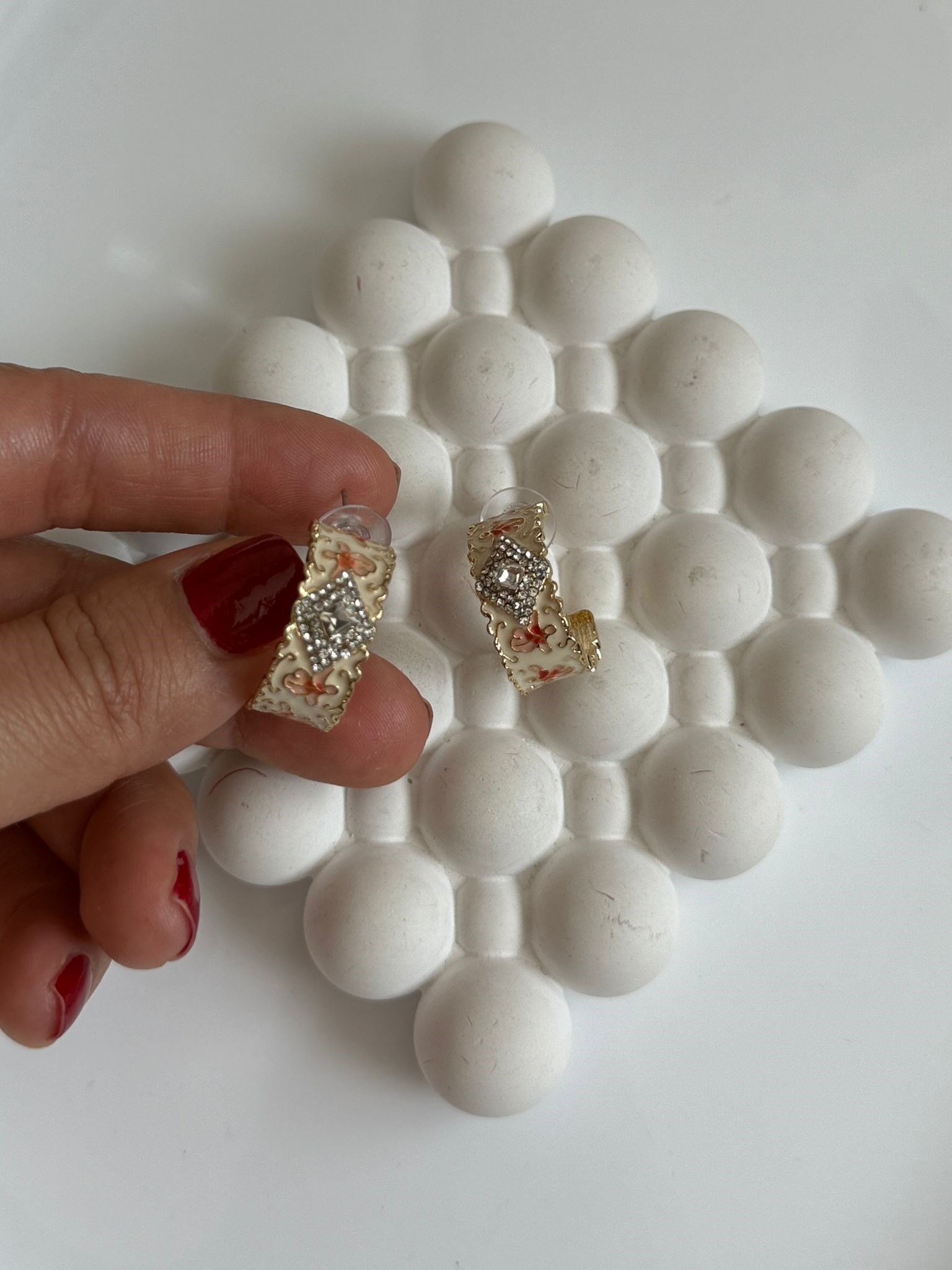 Özel Seri 14k Altın Kaplama Ekru Mineli &Taşlı Halka Küpe