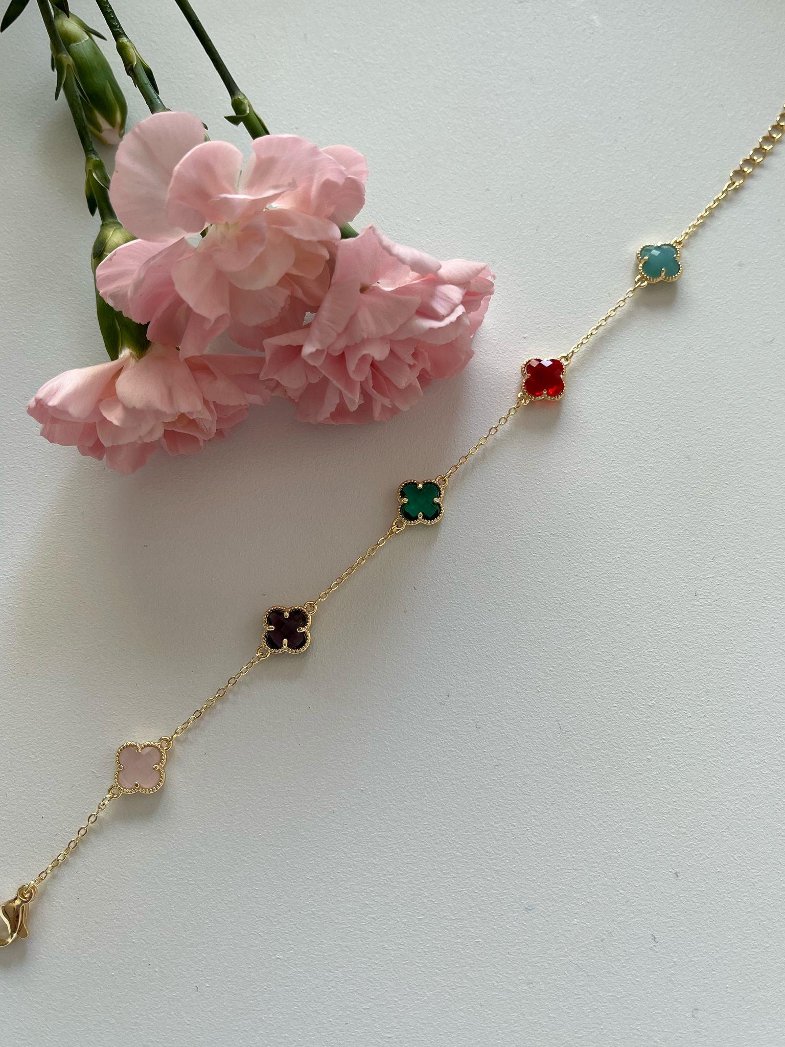 Özel Seri 14K Minimal Renkli Yonca Bileklik