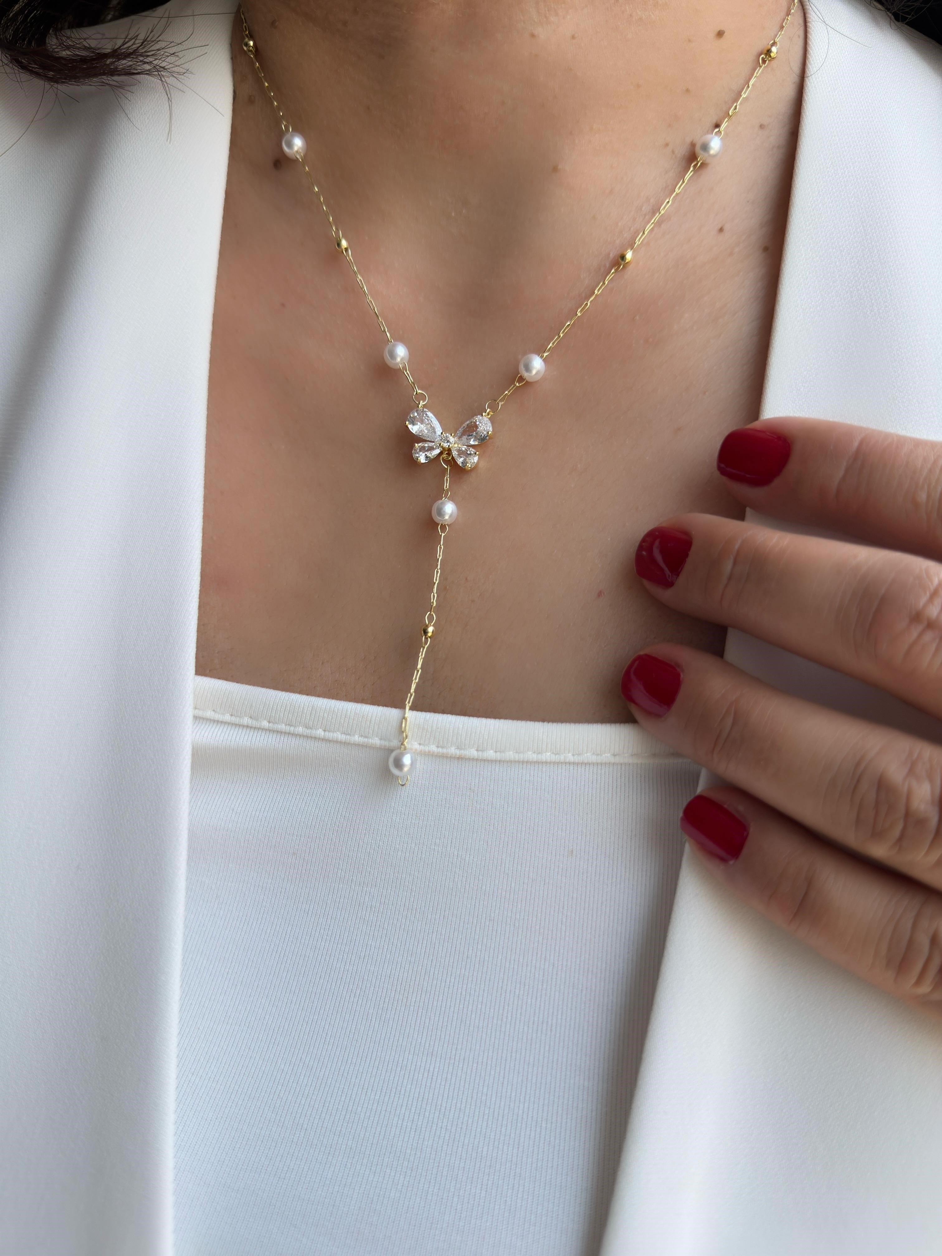 Özel Seri 14k Taşlı Kelebek Figürlü İncili Kolye