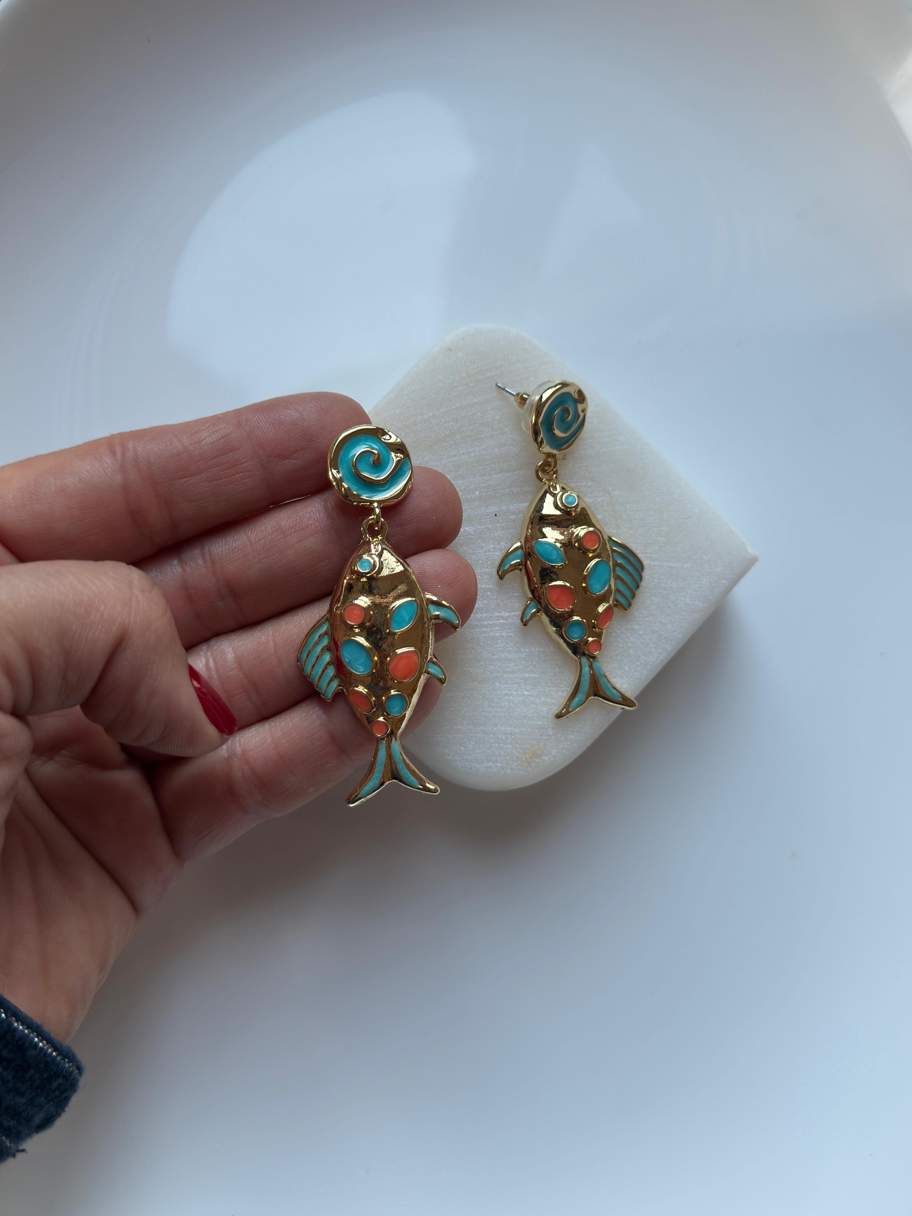 Özel Seri Turuncu Mavi Taşlı Balık Küpe
