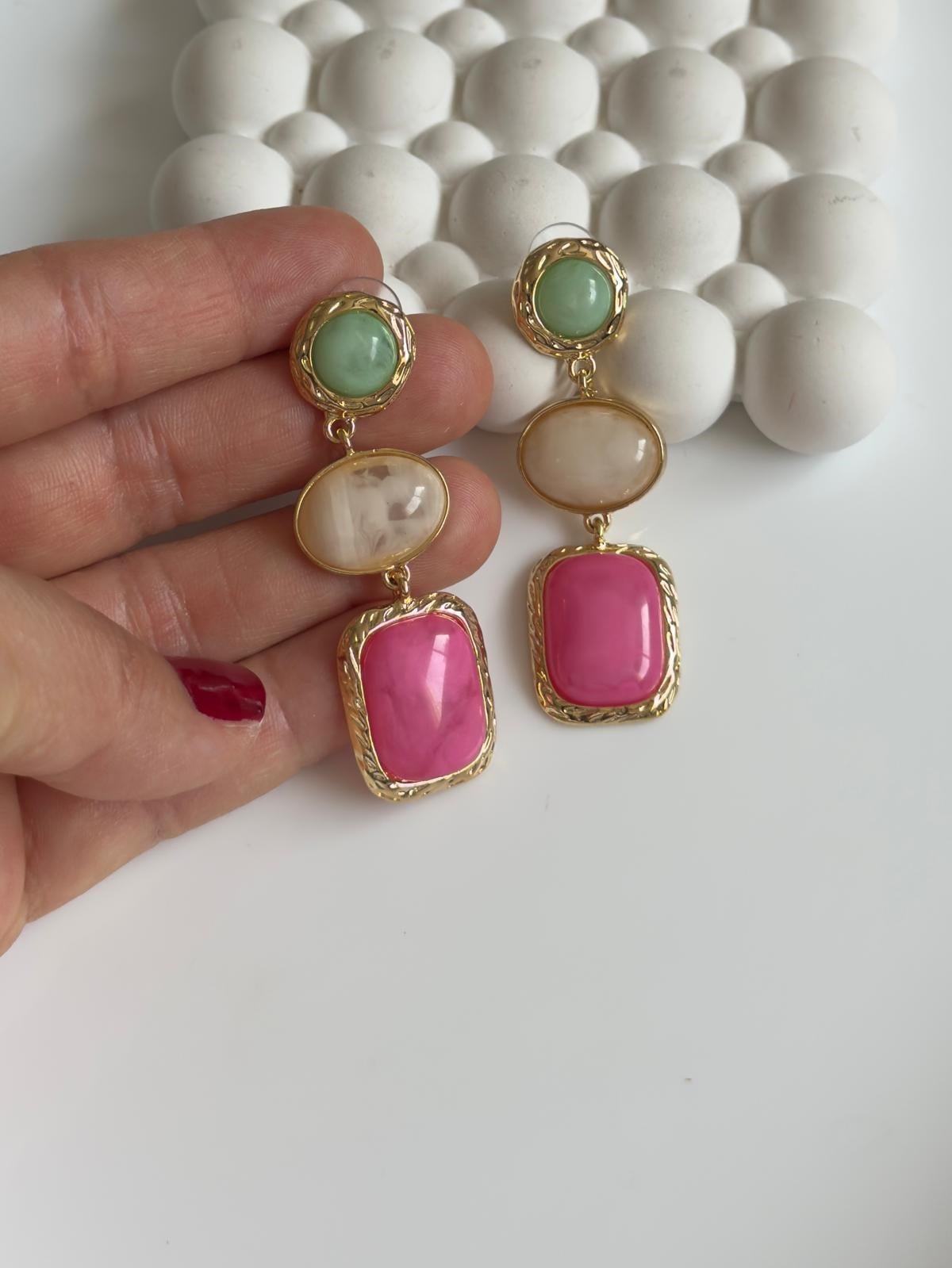 Özel Seri Üç Renkli Sallantılı Küpe-Yeşil-Ekru-Pembe