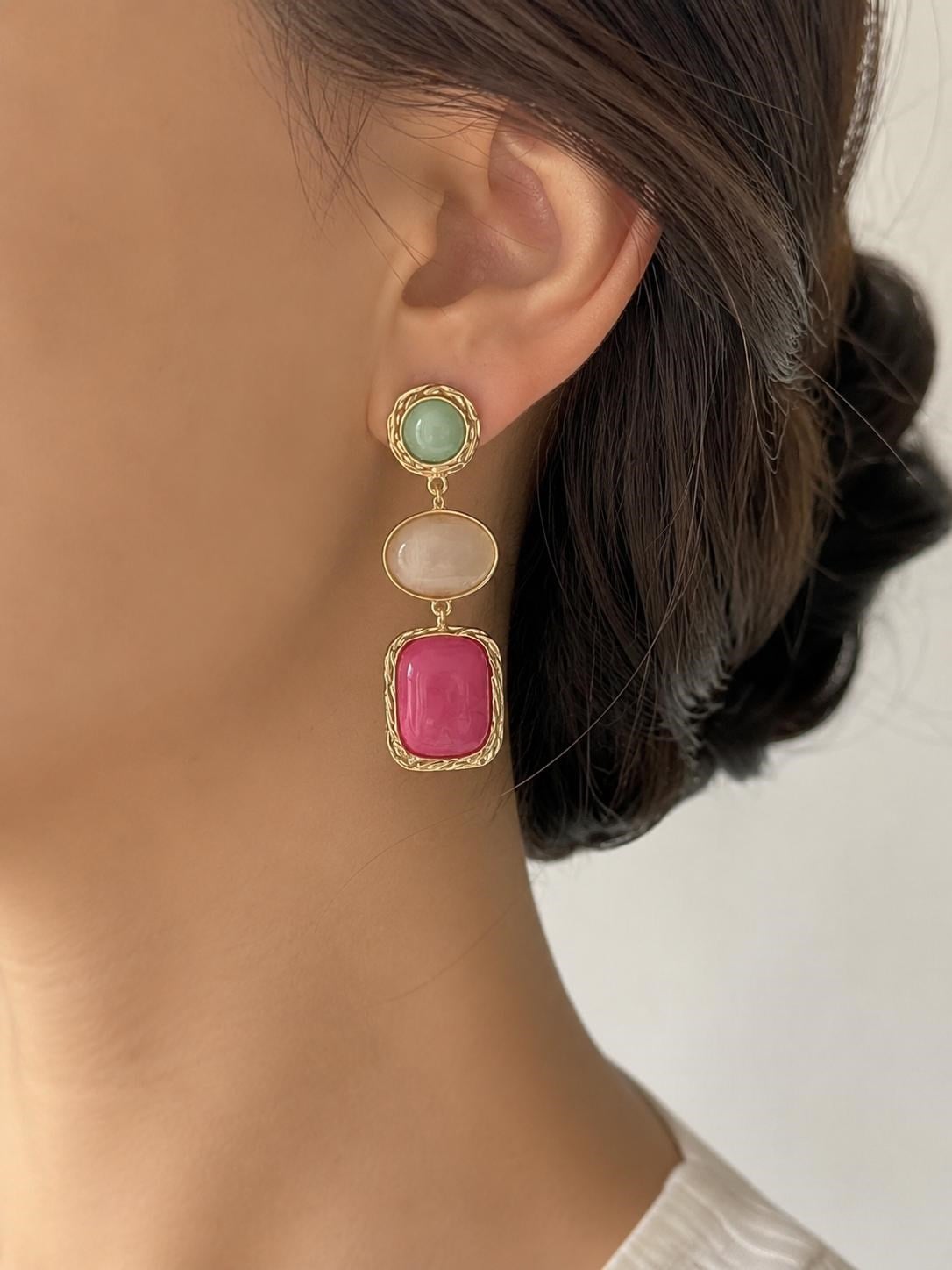 Özel Seri Üç Renkli Sallantılı Küpe-Yeşil-Ekru-Pembe