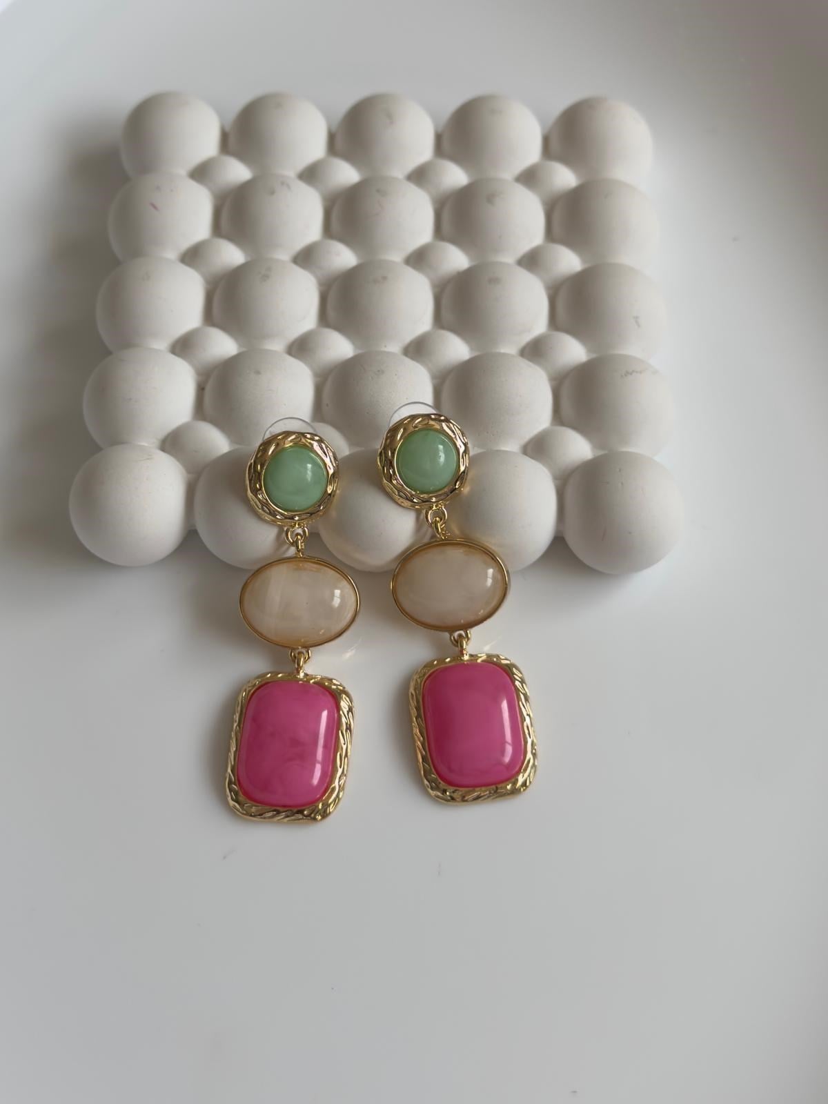Özel Seri Üç Renkli Sallantılı Küpe-Yeşil-Ekru-Pembe
