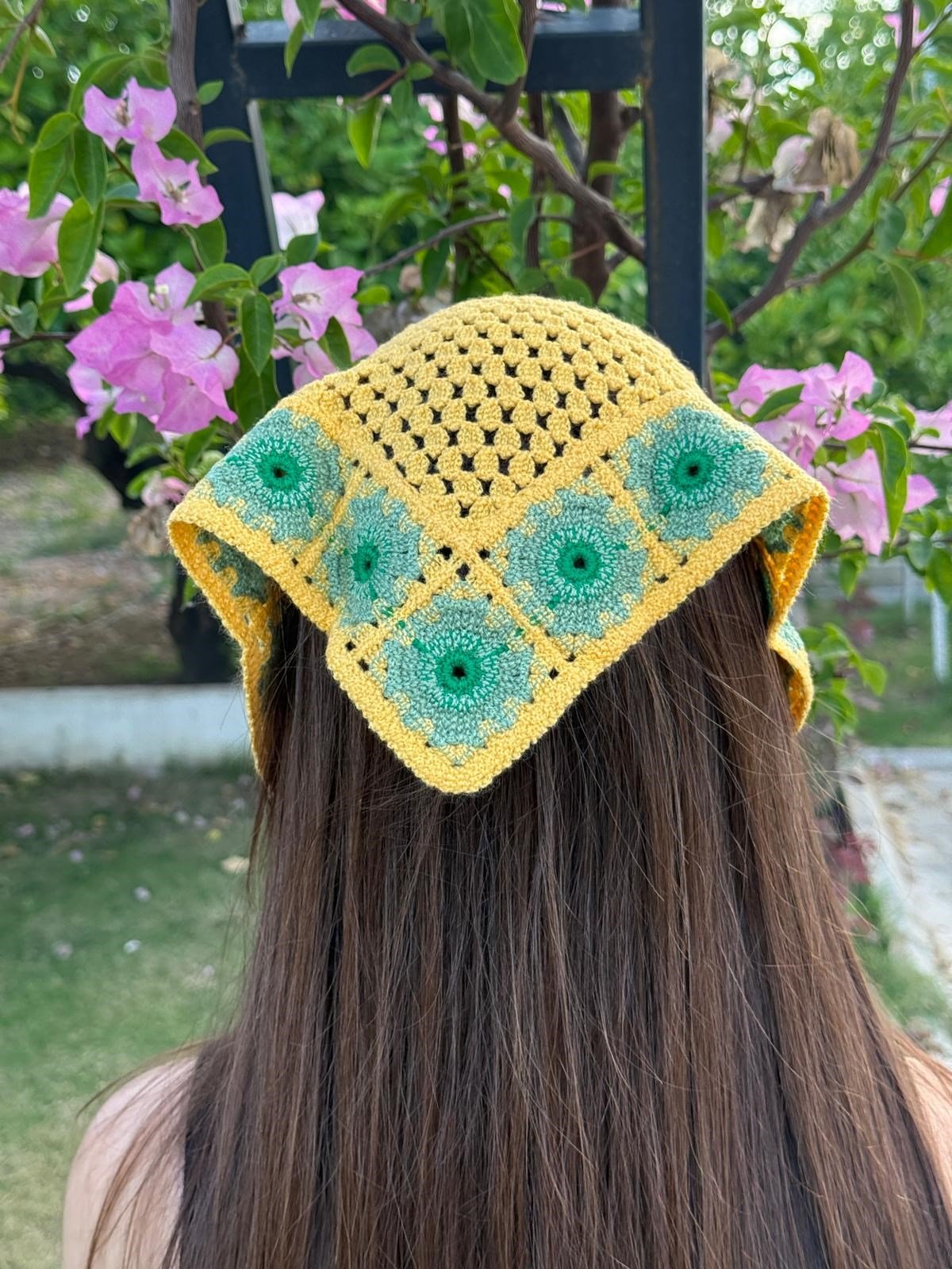 Sarı Yeşil Motifli  Üçgen İpli Bandana