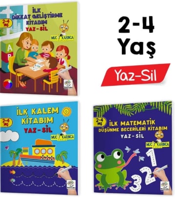 Mucit Karınca Yaz-Sil Kitaplar (İlk Kalem, Dikkat, Matematik, Düşünme Becerileri Kitabım) 2-4 Yaş