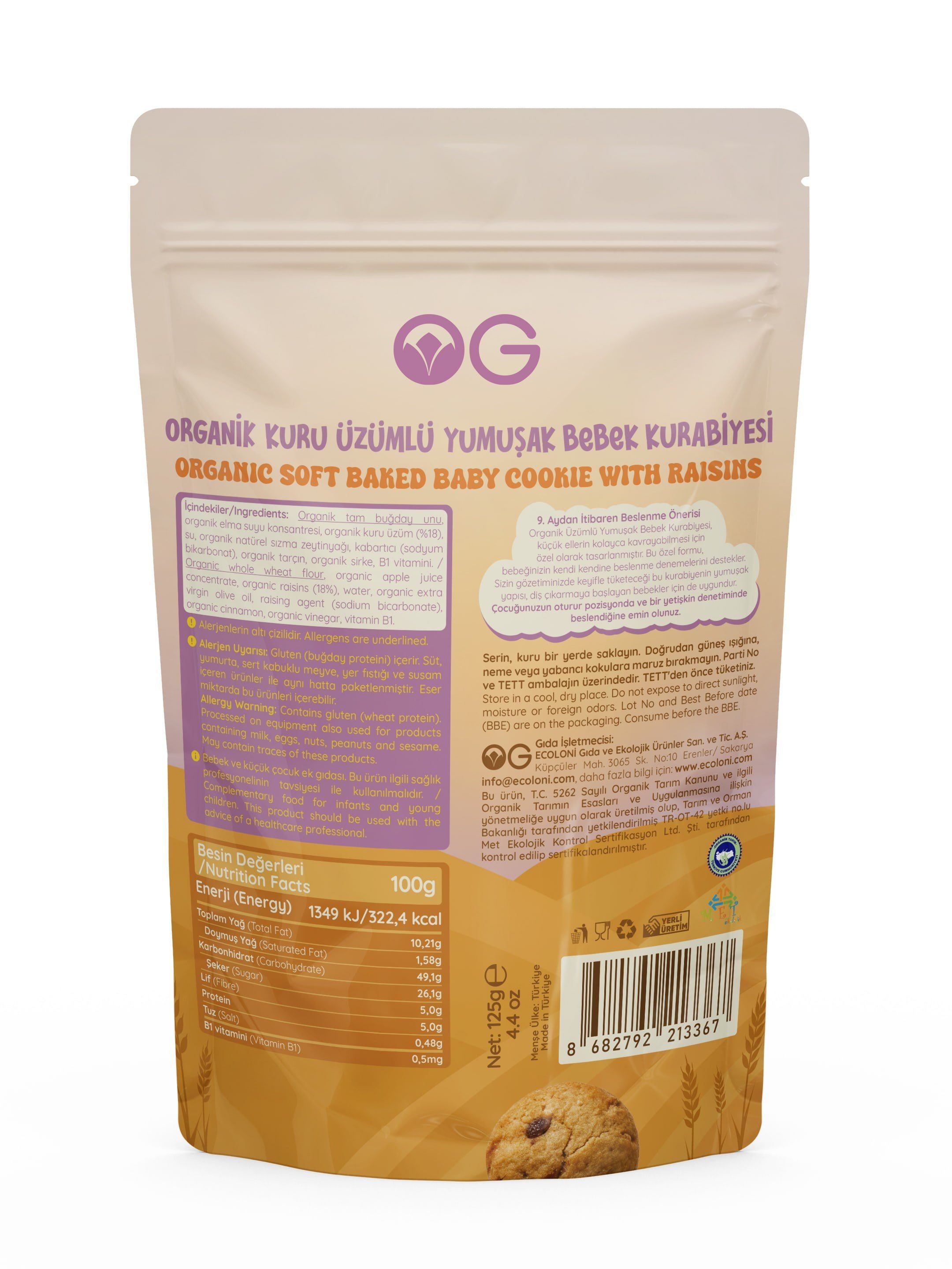 Og Natural Organik Kuru Üzümlü Yumuşak Bebek Bisküvisi 125 g