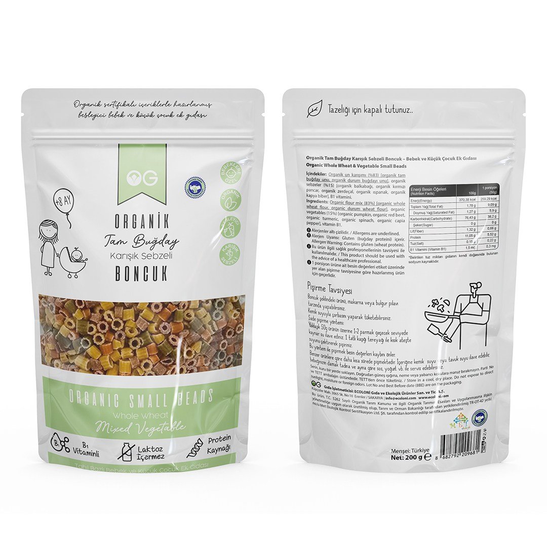 OG ORGANİK KARIŞIK SEBZELİ TAM BUĞDAY BONCUK MAKARNA 200 GR