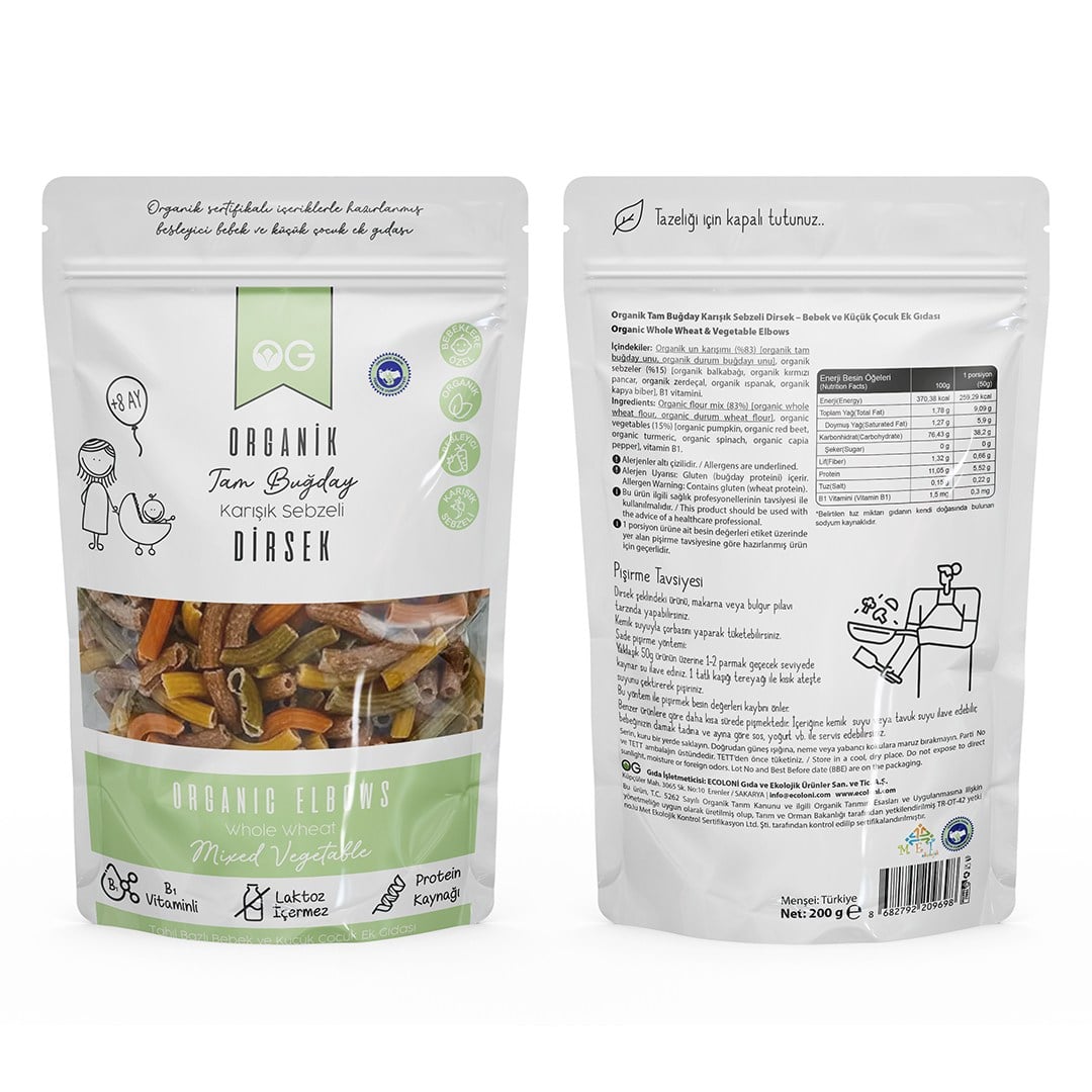 OG ORGANİK KARIŞIK SEBZELİ TAM BUĞDAY DİRSEK MAKARNA 200 G