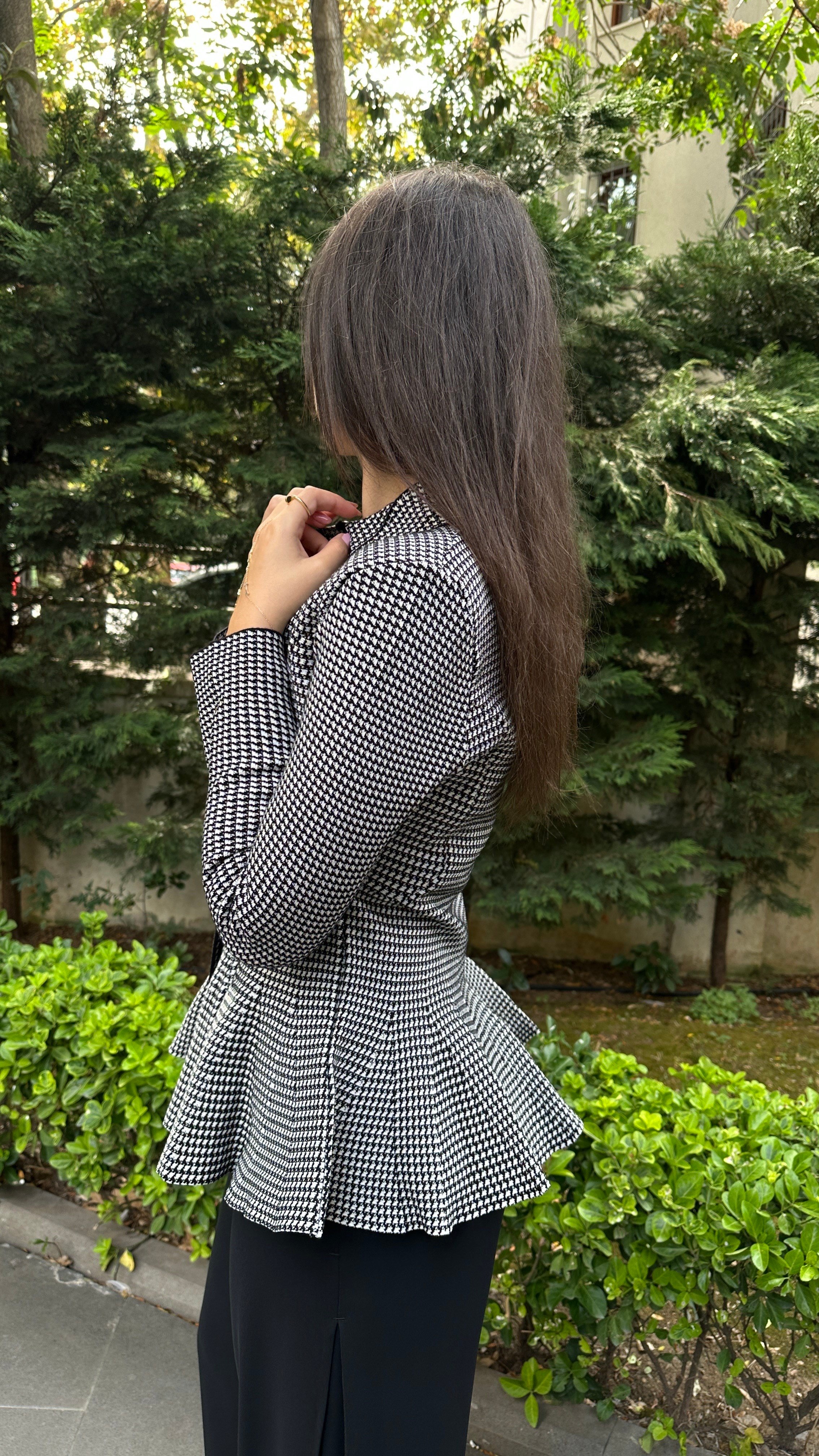 Kazayağı Desenli Peplum Ceket