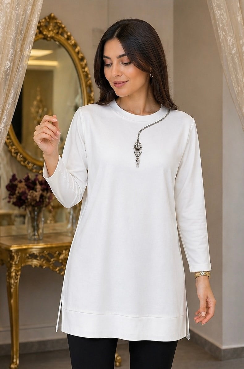 Uzun Kollu Taşlı  Tunik 