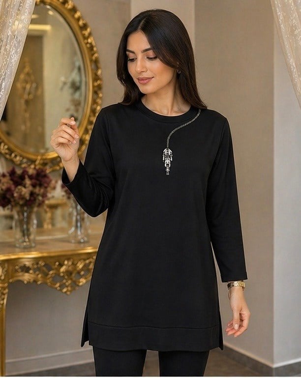 Uzun Kollu Taşlı  Tunik 