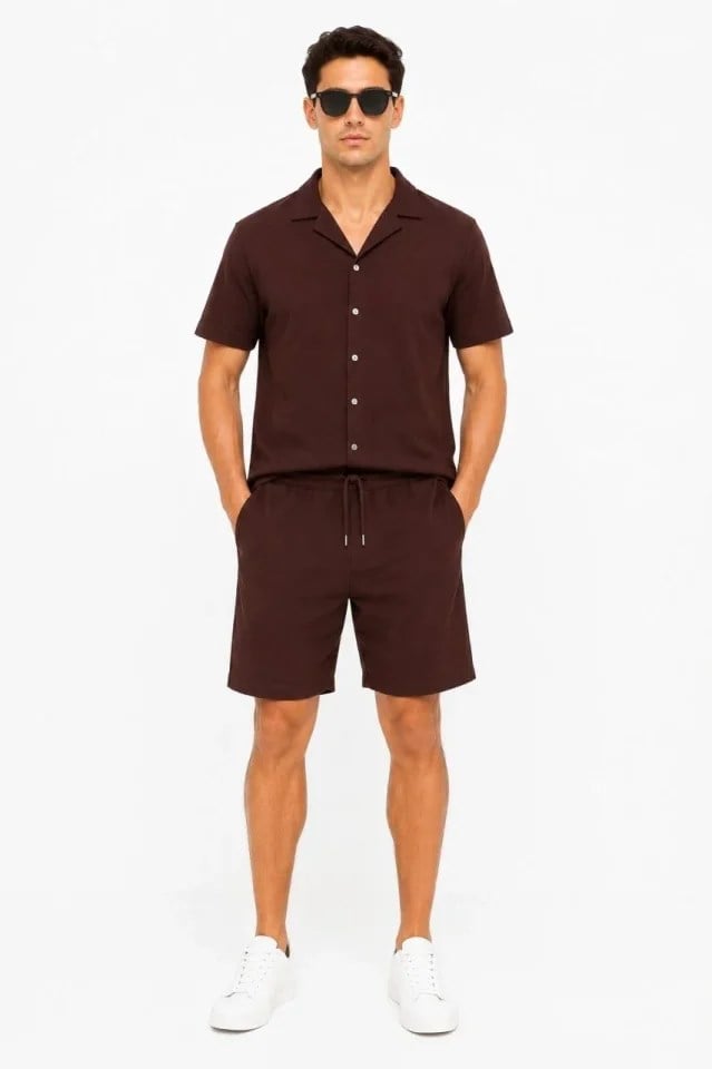 Erkek 2li Krep Kumaş Cepli Gömlek Şort Takım Kısa Kollu Bağcıklı - Siyah - Kahverengi