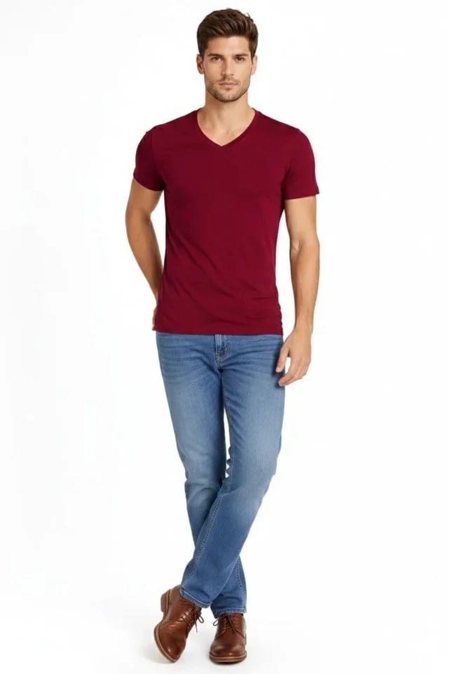 Erkek T-Shirt V Yaka Slim Fit Dar Kesim Likralı Tişört Günlük Basic Body - Bordo
