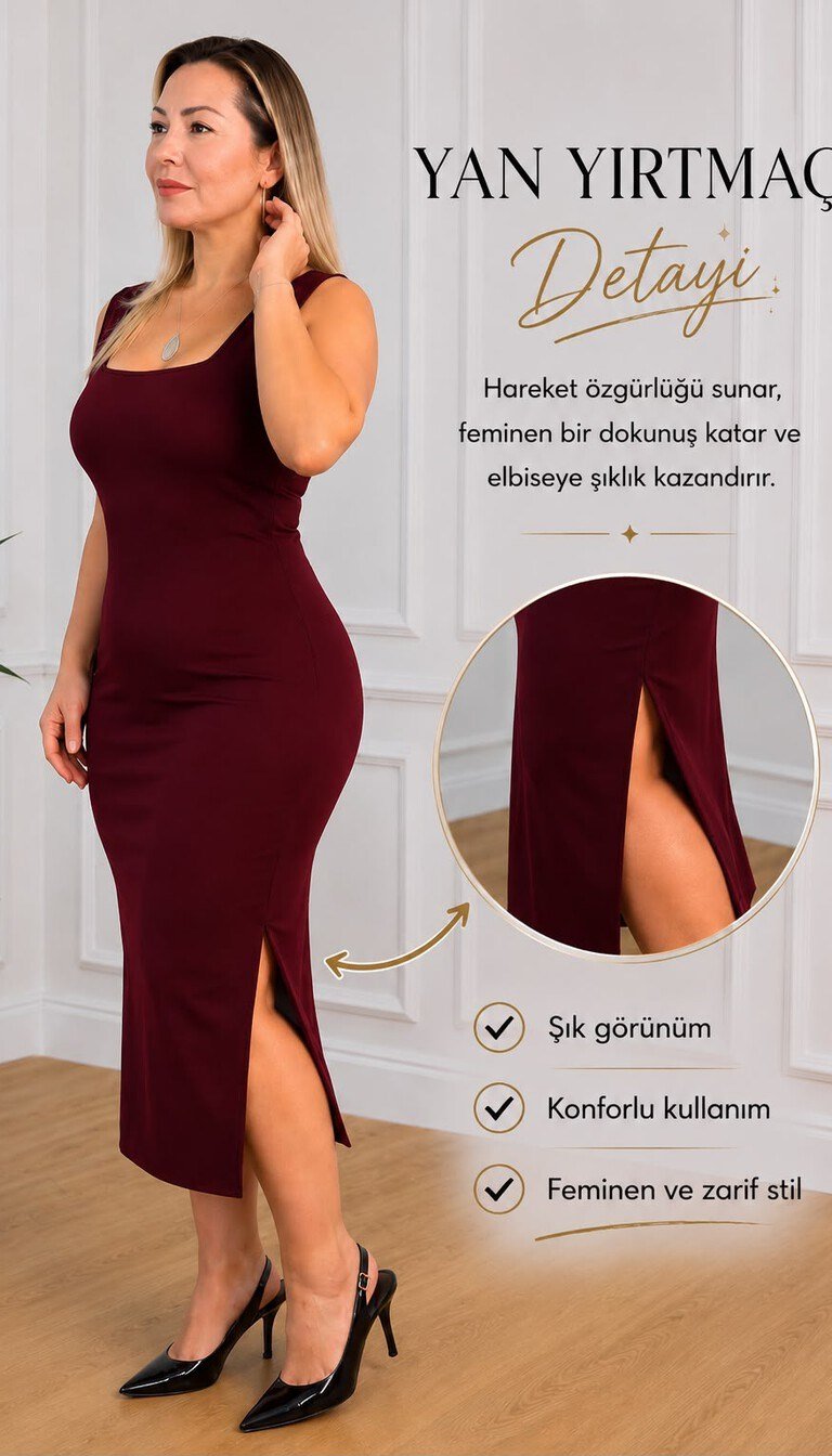 Kadın Bordo Kare Yaka Kalın Askılı Yırtmaç Detaylı Midi Kalem Elbise