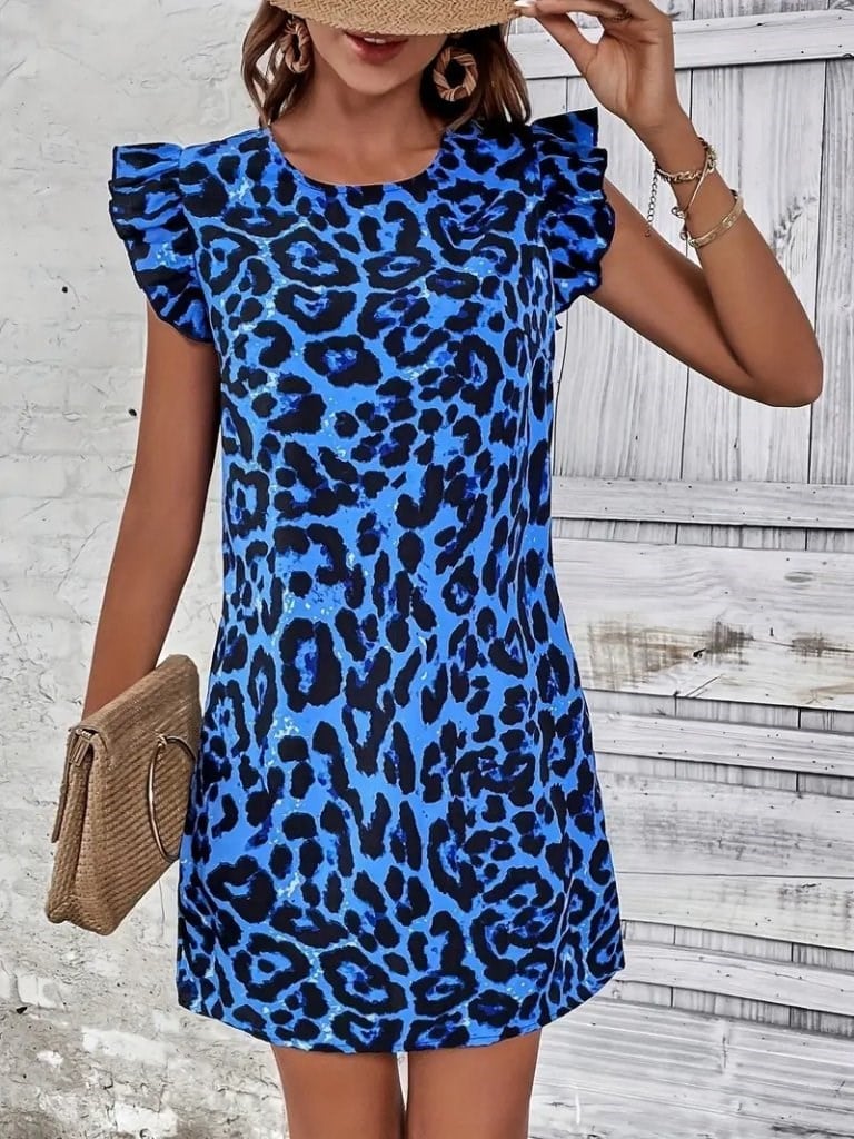 Kadın Kısa Kollu Kolları Fırfır Detay Arkası Bağlamalı Leopar Desen Kolsuz Mini Mikro Elbise
