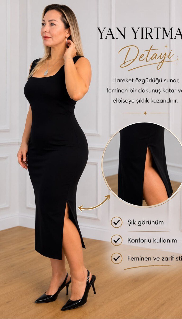 Kadın Siyah Kare Yaka Kalın Askılı Yırtmaç Detaylı Midi Kalem Elbise