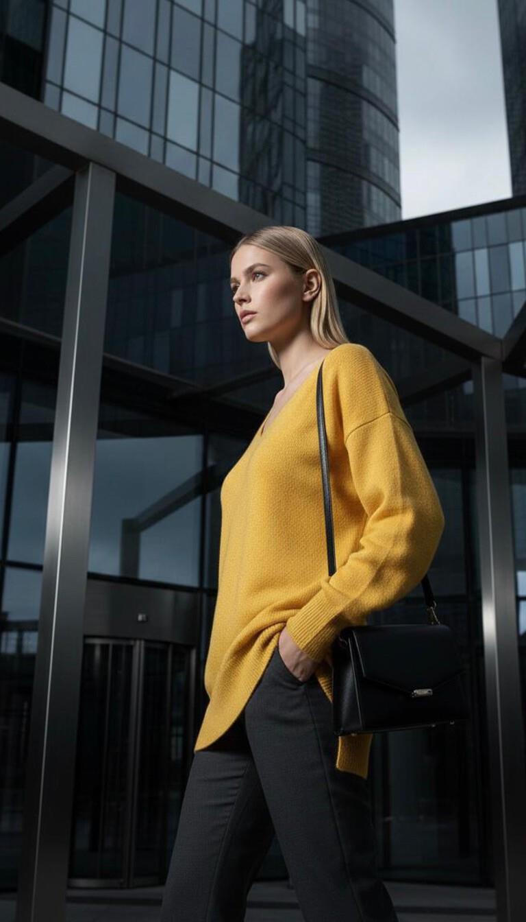 V Yaka Oversize Triko Tunik Sarı